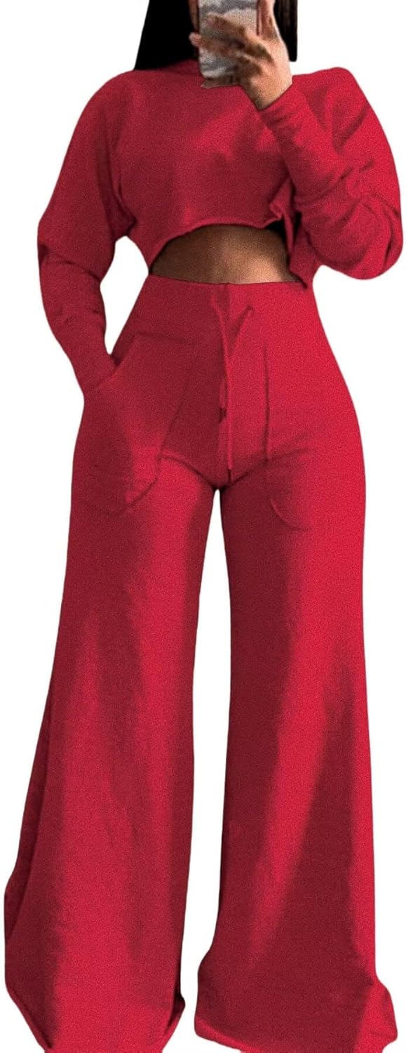 LROSEY Women 2 Piece Outfits Pants Sets Spring Casual Sweatsuits Long Sleeve Crop Tops Wide Leg Palazzo Trousers Lounge Set