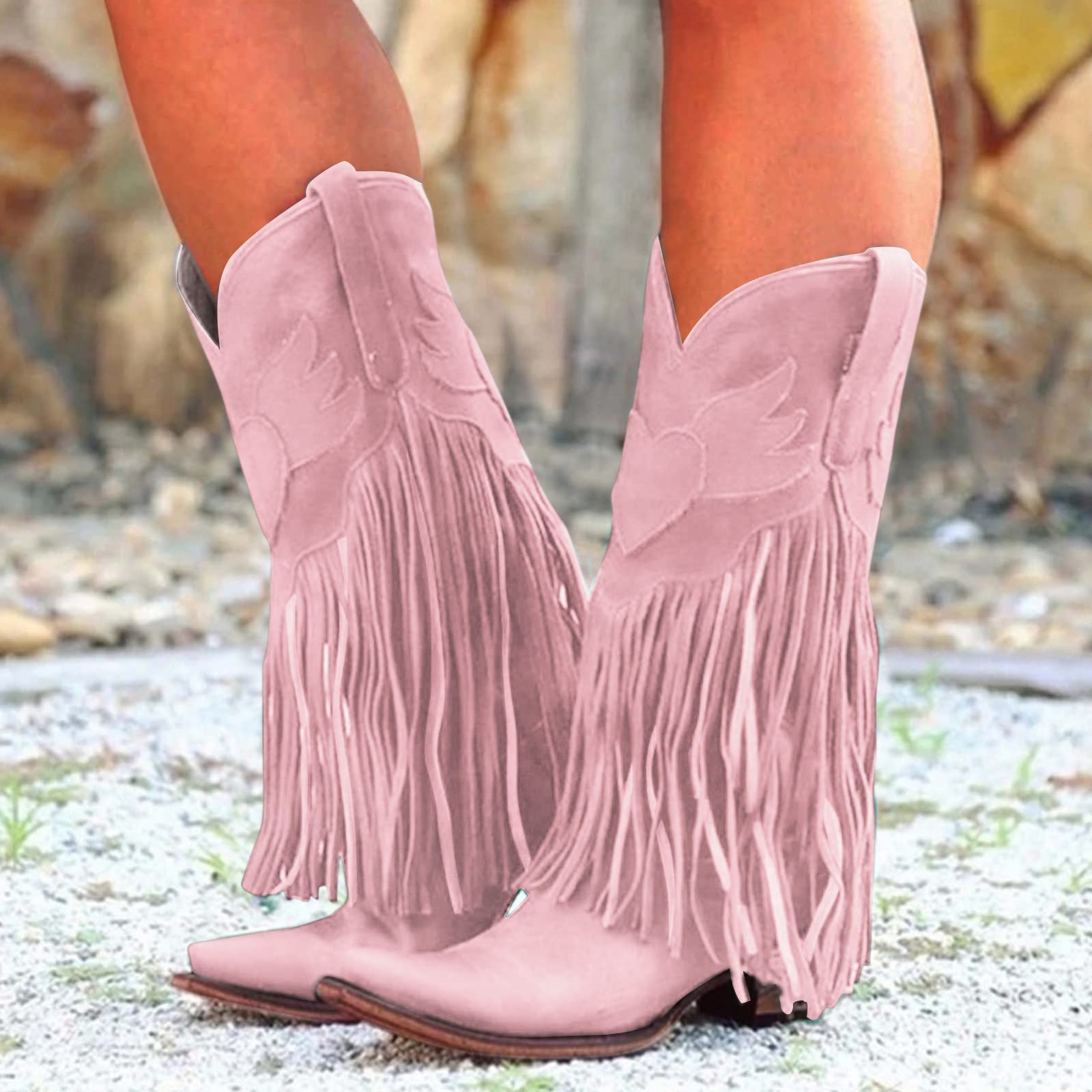Stivali da Donna Comodi Stivali con Tacco Grosso Stivali a Punta con Frange Stivali al Ginocchio Occidentali Stivali Medi Scarpe Gomma Pioggia Stivali Campagna 38