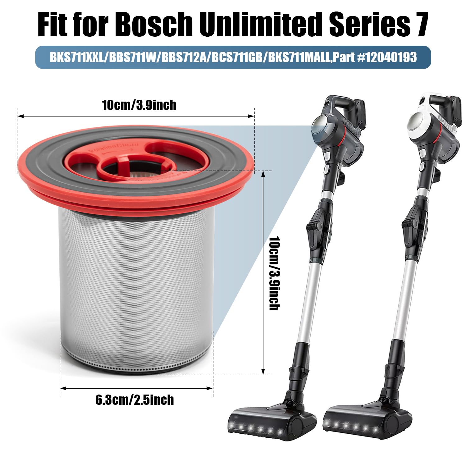 2 Stück Ersatzfilter für Bosch Unlimited Serie 7 Akku Staubsauger 12040193 BKS711XXL BBS711W BBS712A BCS711GB BKS711MALL Waschbarer Filter aus Edelstahl Vorfilter mit Reinigungsbürste