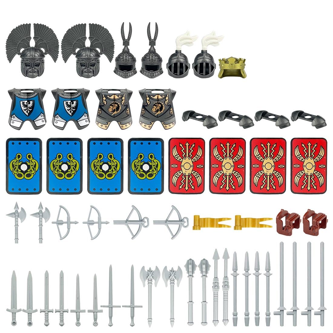 LOKLNEYK Medieval Weapons Pack, 57PCS Knight Weapons & Armor Building Block Accessories Set with Helmet Shield Sword Gear Pack, Compatible with Major Brands