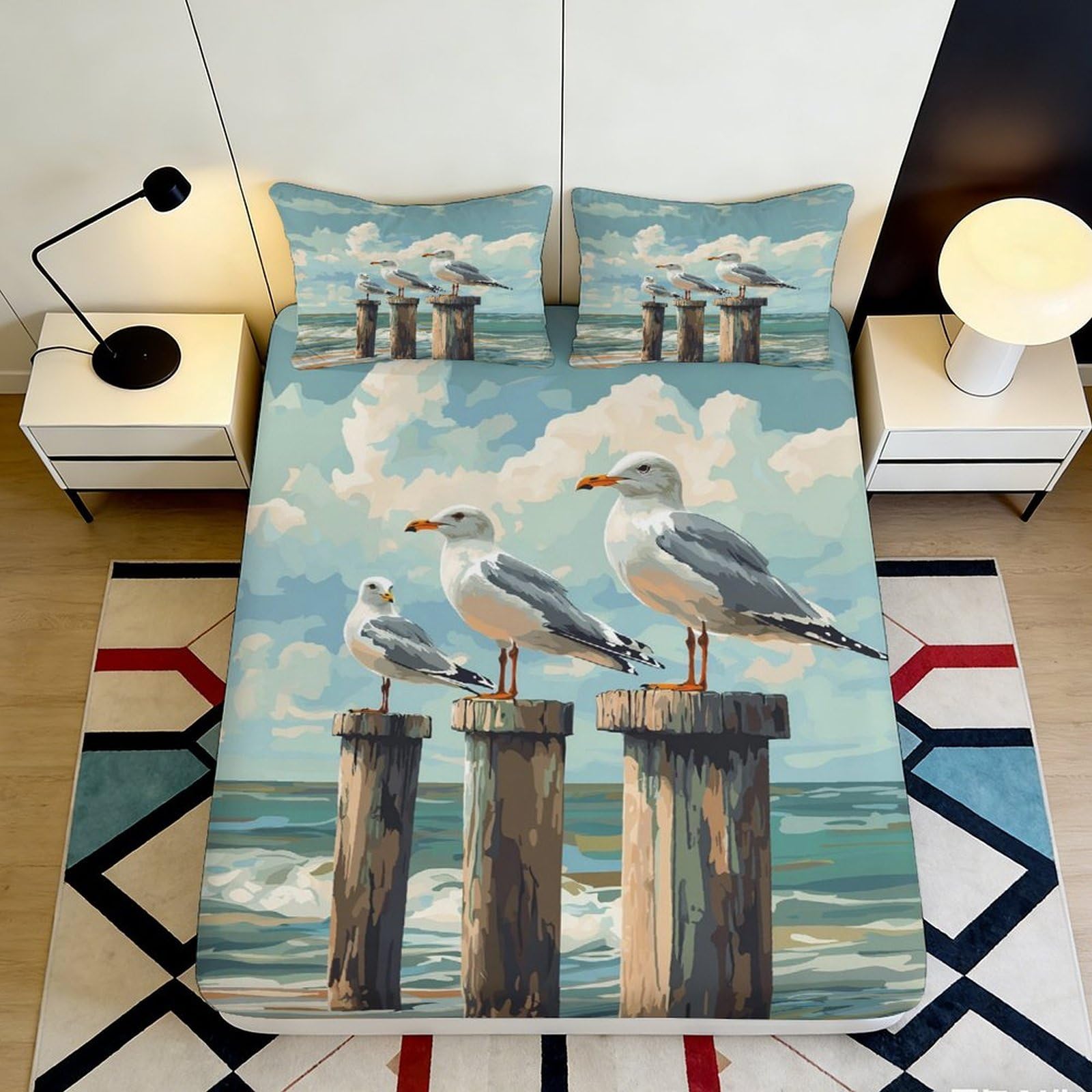3D Printed Seaside Seagull Fitted Sheet Microfiber Soft Ocean View Bed Cover for Bedroom Guest Room Decor Protection 90x200x25cm