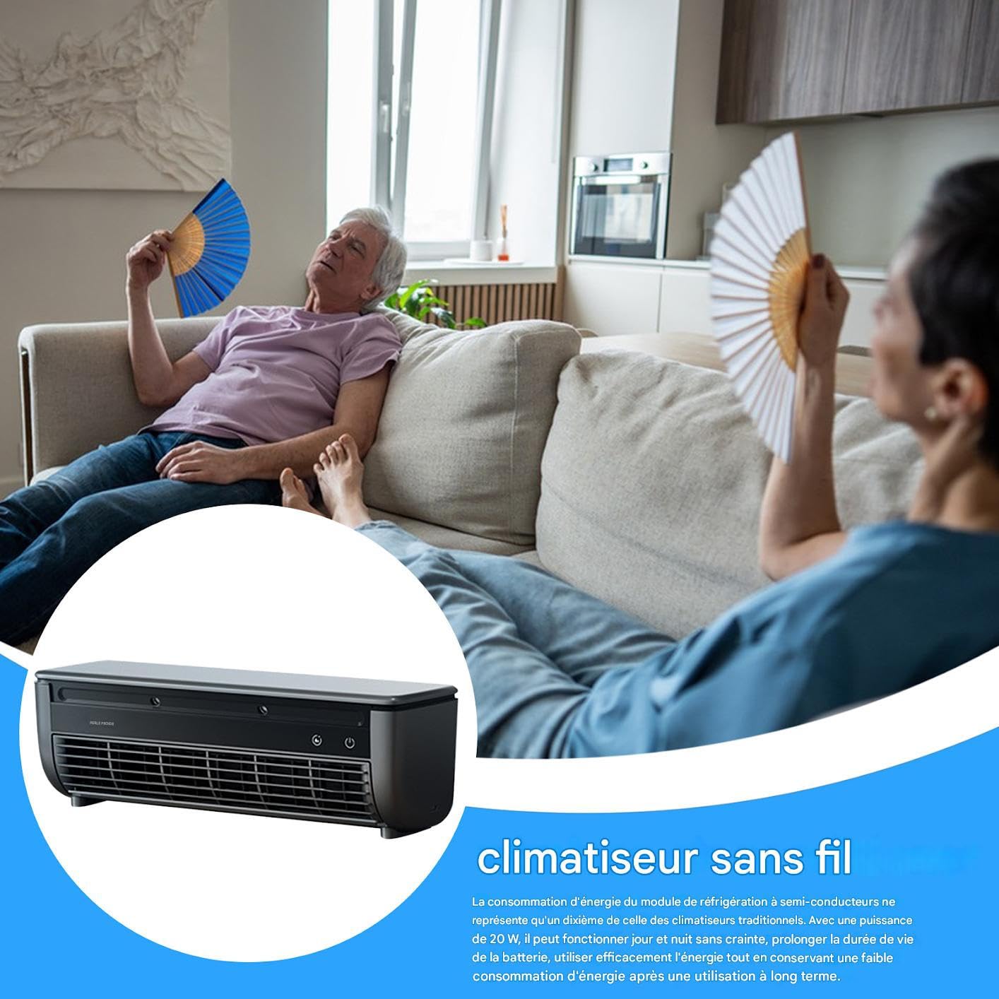 Ventilador con aire acondicionado | Ventilador de aire acondicionado de pared | Dispositivo de ventilación de velocidades con cargador inalámbrico para casa dormitorio camping coche baño cocina