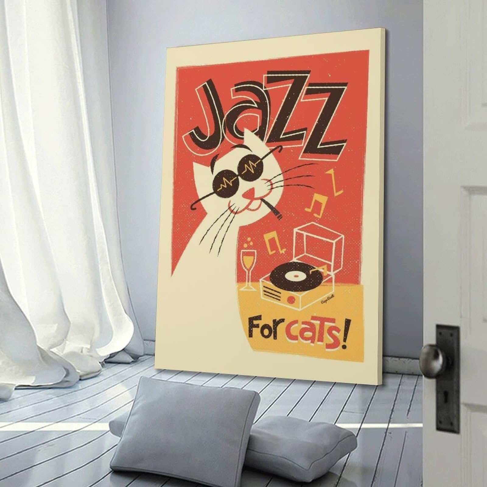 Kot jazzowy z płytą winylową retro plakat sztuka ścienna, kapryśny wystrój do salonu i gabinetu plakat dekoracyjny obraz płótno plakaty ścienne i artystyczny obraz druk nowoczesny rodzinny sypialnia
