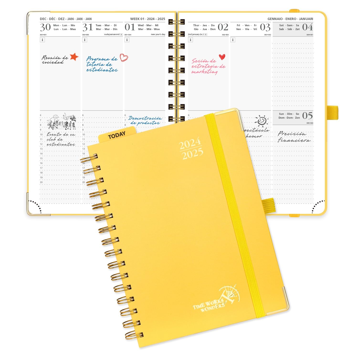 POPRUN Agenda 2024 2025 Semana Vista 21,5 x 16 cm, Tapa Dura Agenda Escolar 17 Meses Semanal de Ago.2024 a Dic.2025, Regla de Plástico, 80 GSM Papel Certificado, Amarillo Claro