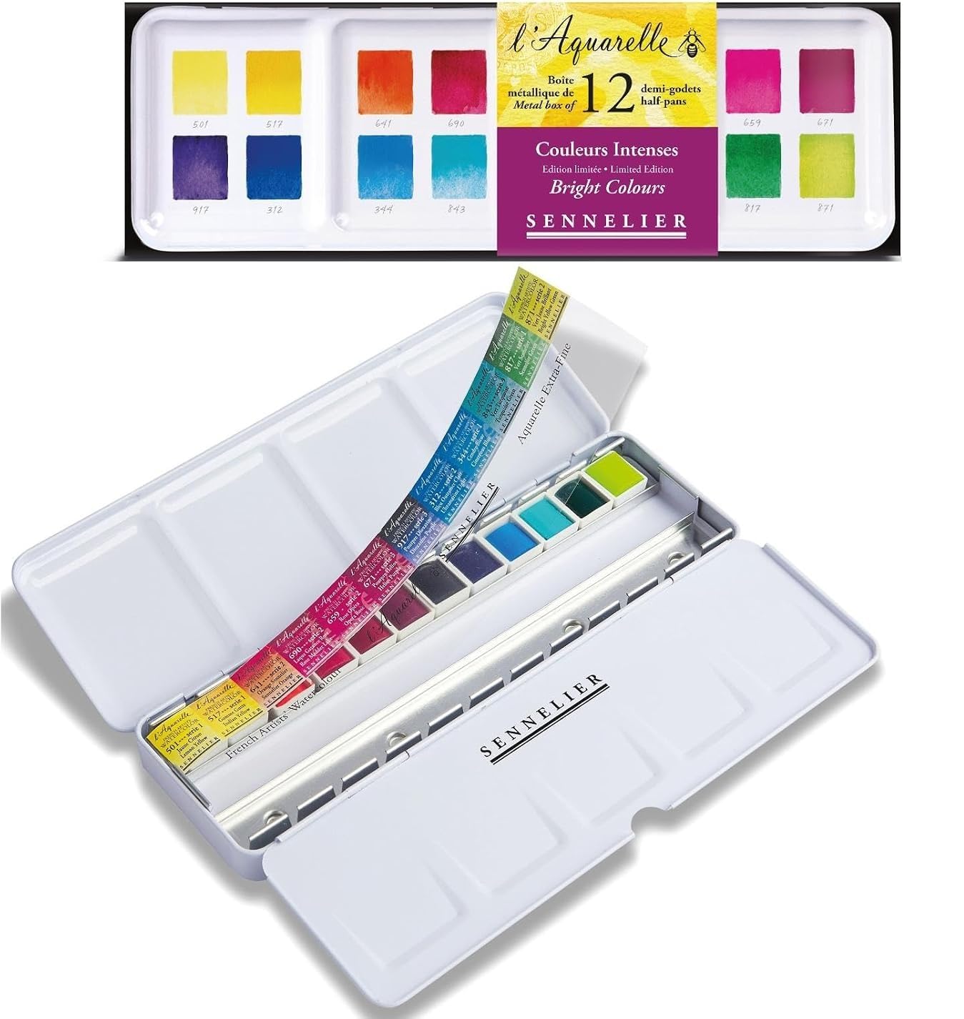 Sennelier Aquarelle Extra-Fines, sélection couleurs intenses - Paysage, 12 demi-godets Boîte en métal et 1 carte