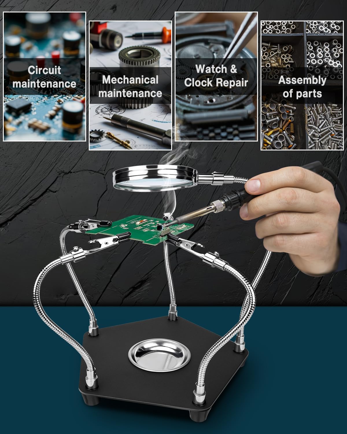 Lytool Soporte para Soldar con 3X Lupa, Tercera Mano Soldadura con 4 Piezas Pinzas de Cocodrilo Soldadura Herramienta para Soldar y Hacer Joyas