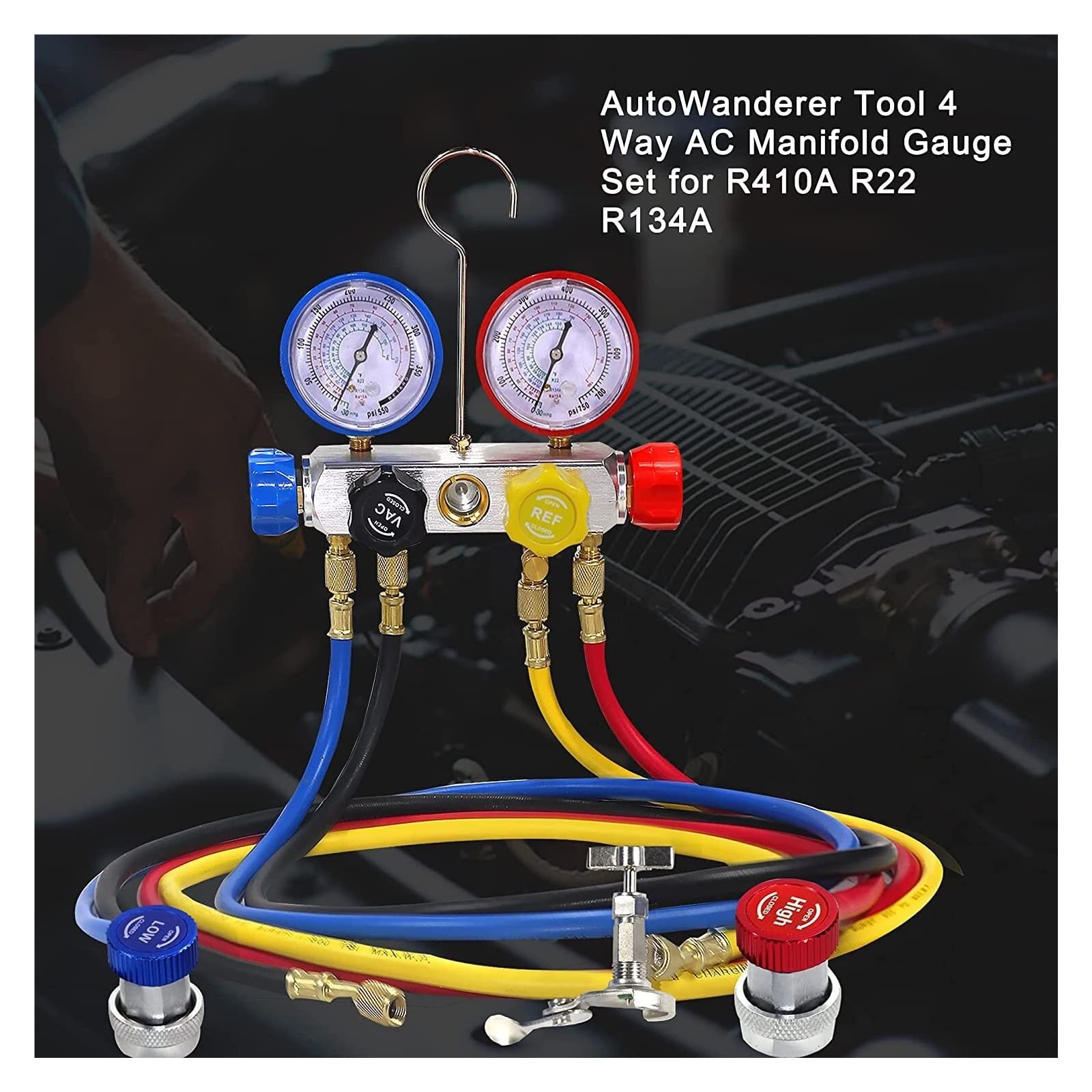 4-Wege-AC-Verteiler-Messgerät-Set HVAC-Diagnose-Freon-Ladewerkzeug for den Autohaushalt R134A R22 R410A 5FT-Schlauch-Schnellkupplung Für Heimwerker