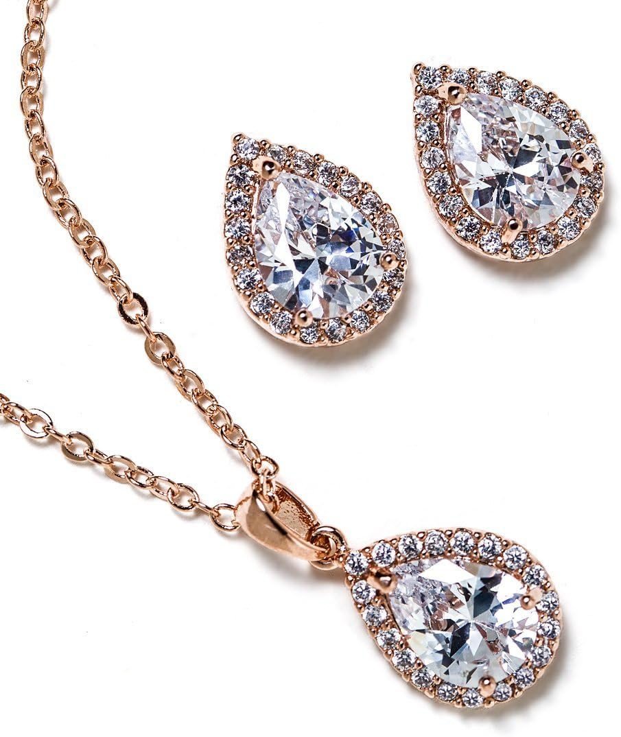 A+O Wedding Jewelry Set, Tear Drop Necklace and Earrings Set in Gold, Rose Gold, Silver