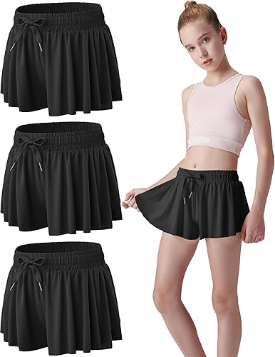 Paquete de 3 pantalones cortos fluidos para niñas con forro de elastano, 2 en 1, faldas de mariposa para jóvenes, para fitness, correr, deportes