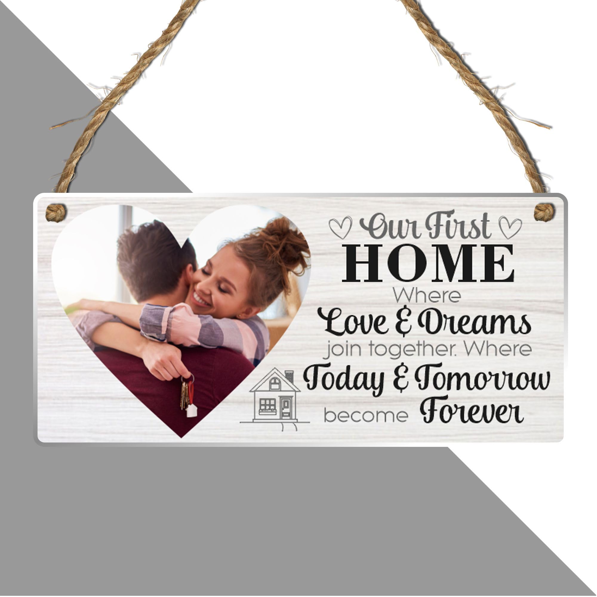 Personalised New Home Plaque – Custom First Home Sign with Photo and Message, Wall Hanging for New Homeowners. (Acrylic Indoor & Outdoor Use 19cm x 9cm, Grey)
