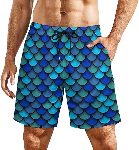 Patrón azul de escamas de pescado Pantalones cortos de playa para hombre, forro de compresión, trajes de baño de secado rápido