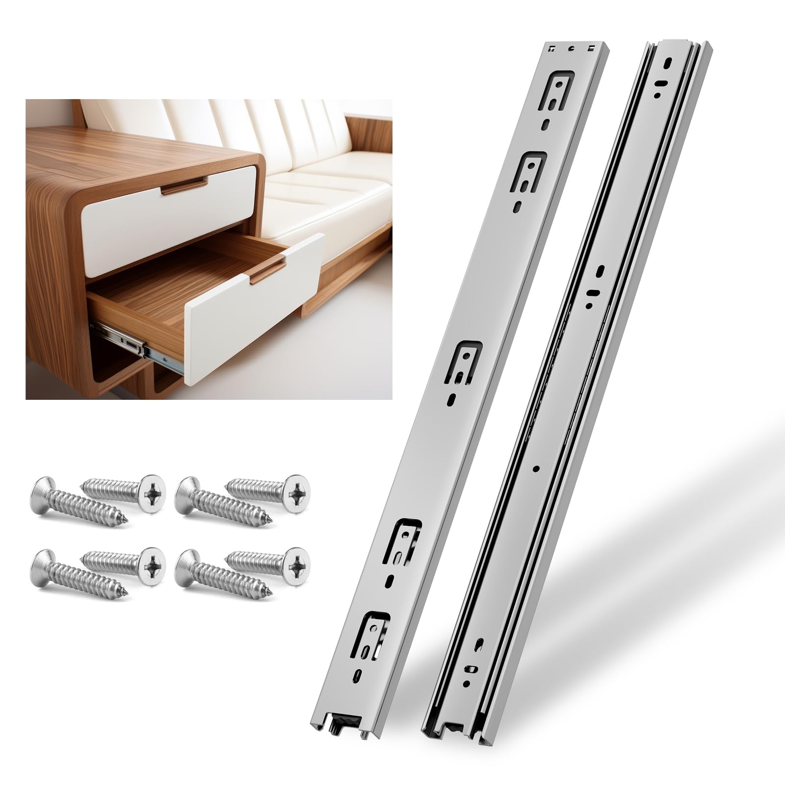NECILO Silver 200mm Residential Drawer Runner, 45kg Load Capacity Full Extension Ball Bearing, Replacement Slides for Kitchen, Home, Office Drawers, Side Mount, 1 Pair(2 Packs)