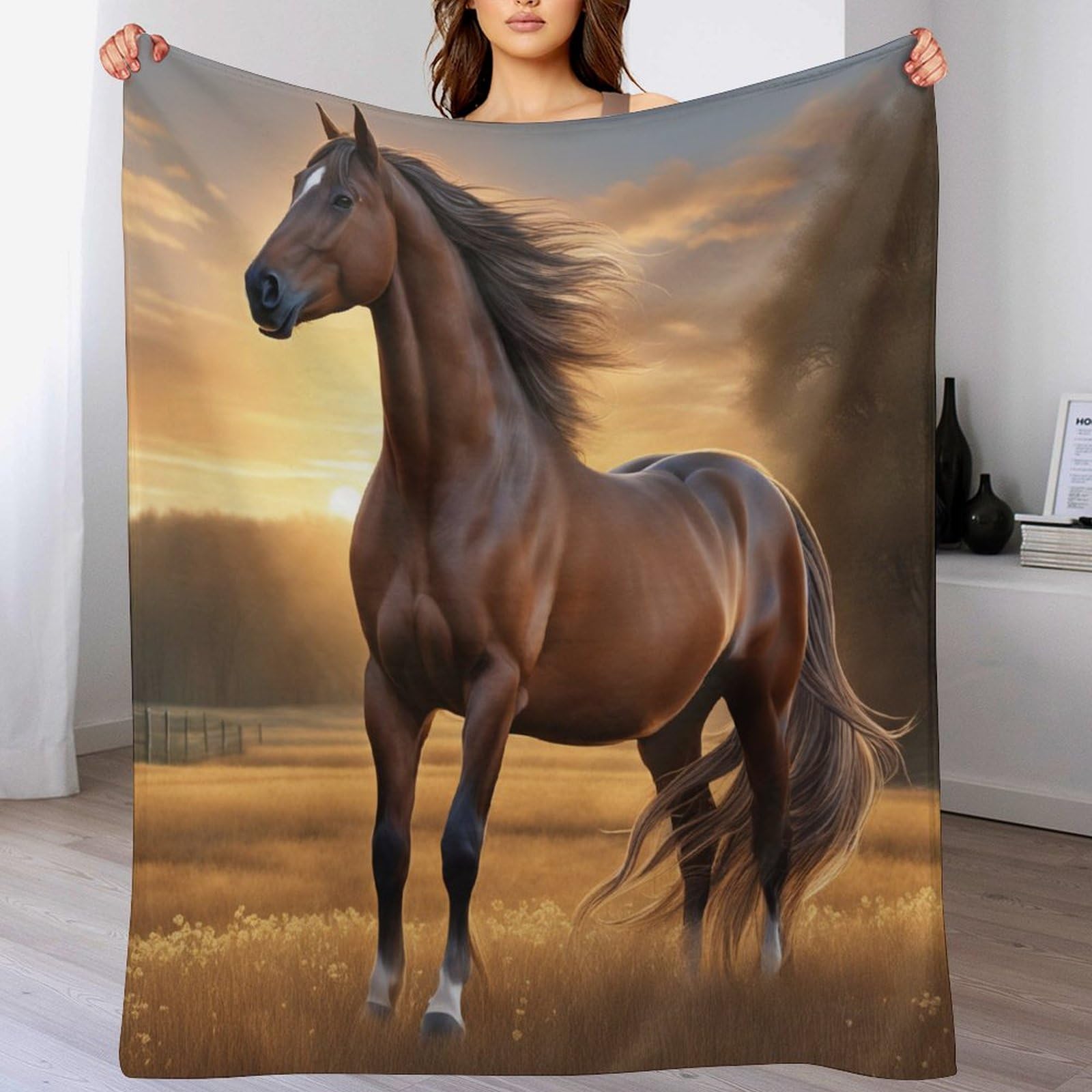 Couverture motif cheval flannel 180x200cm pour décoration de chambre