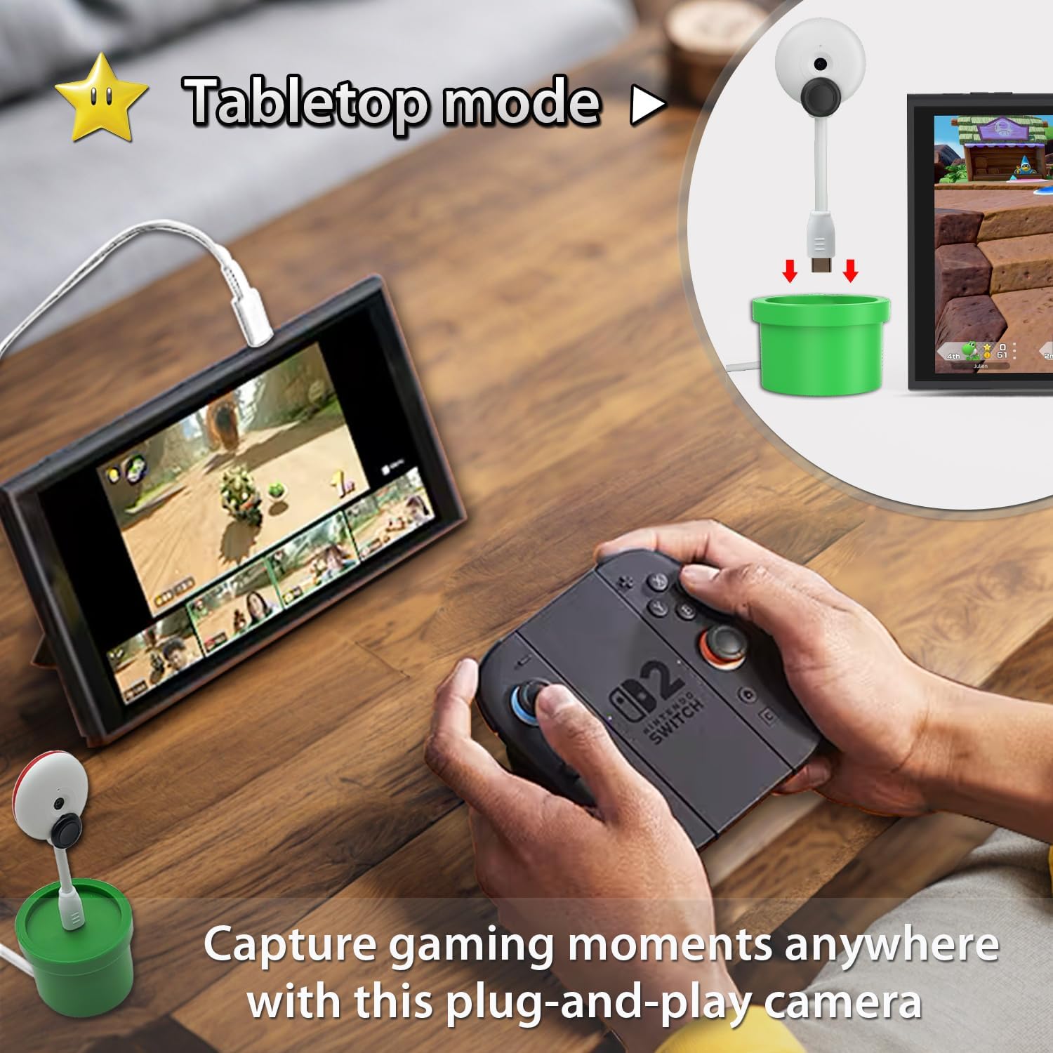 Camera for Nintendo Switch 2 (2025), 720P HD Video Camera, Privacy Sliding Lens Cover, ABS White and Green Color