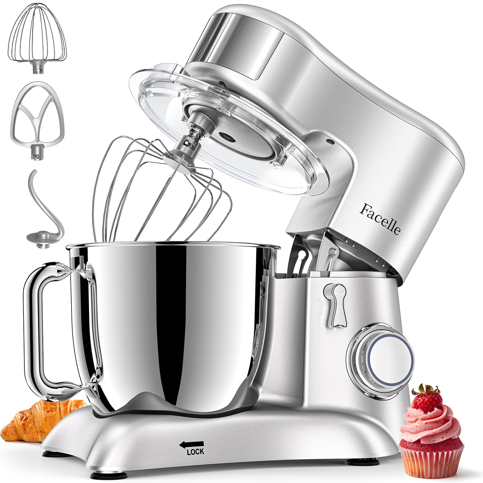 Facelle Batidora Amasadora, 1300W Bajo Ruido Amasadora Reposteria, 6,5L Bol de Acero Robot Cocina, Mixer Multifuncional para pasteles, pizzas, masa y galletas