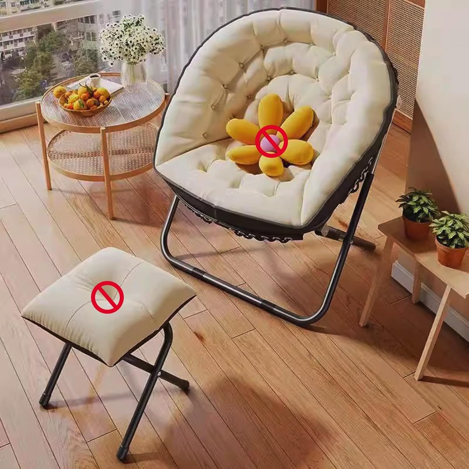 Folding Chair for Teens Adults, Oversized Folding Cozy Moon Chair with Metal Frame, for Bedroom, Living Room, Dorm Room, Apartment(Beige)