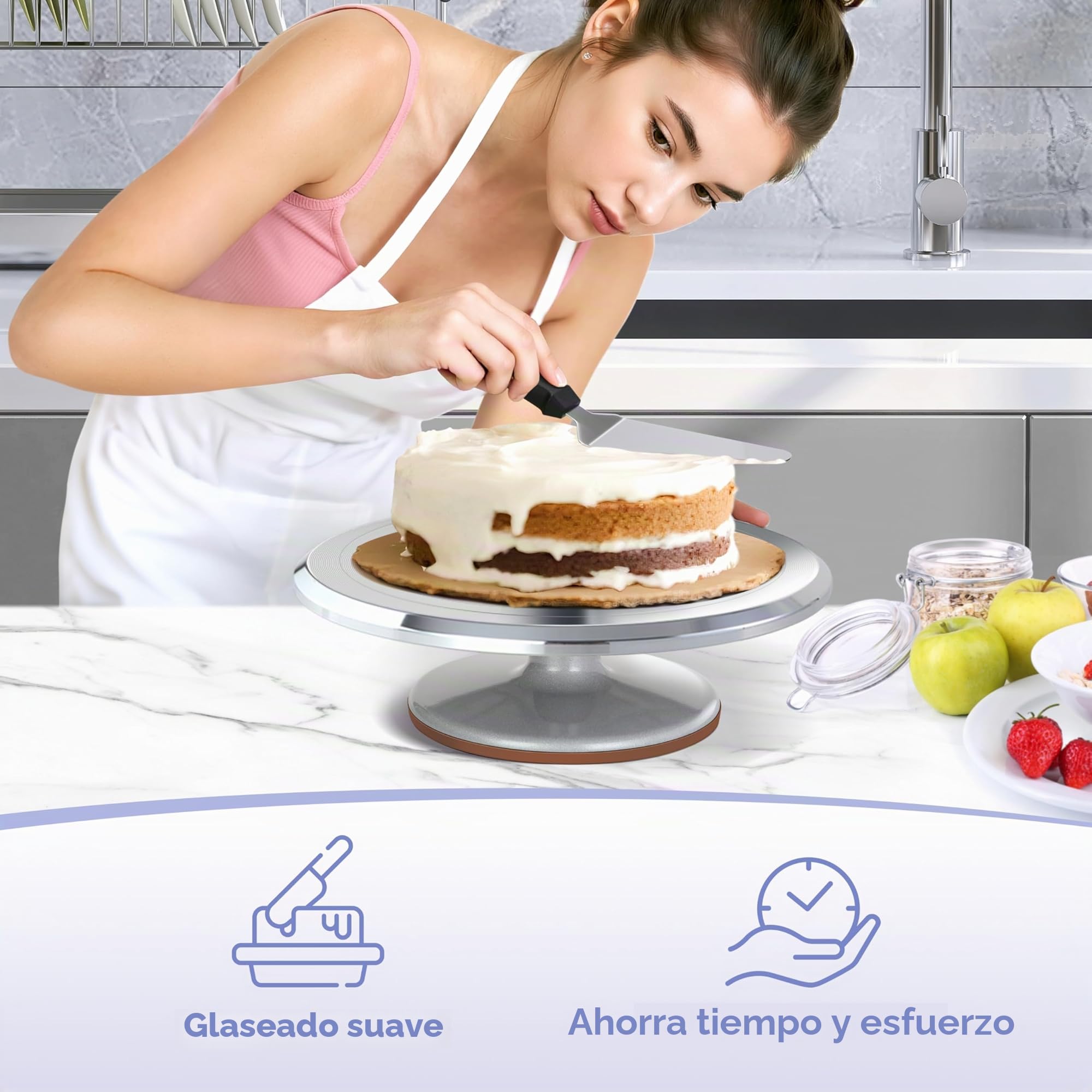 Plato Giratorio para Tartas, Ohuhu 12 Pulgadas Bandejas para Tartas Aleación de Aluminio con 2 Espátula de Glaseado, 3 Raspadores de Pasteles, para Hornear, Decorar Pasteles