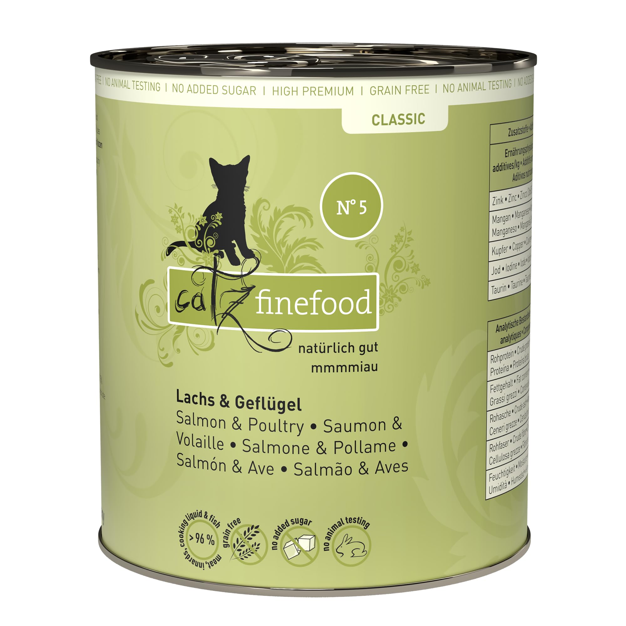 catz finefood N° 5 Lachs & Geflügel Feinkost Katzenfutter nass, verfeinert mit Spinat & Tomate, 6 x 800g Dosen