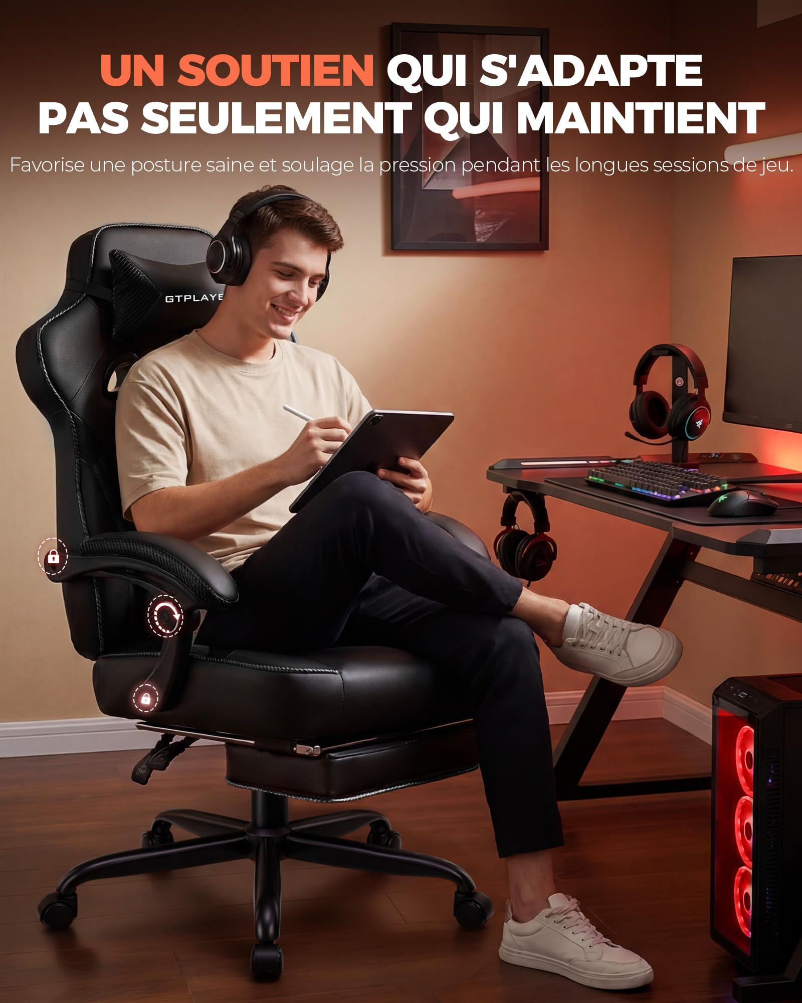 GTPLAYER Chaise Gaming avec Repose-Pieds, Chaise Bureau Ergonomique 180 kg, Fauteuil de Bureau avec Support Lombaire et Appui-tête, Hauteur Réglable, Dossier Réglable 155°, pour Bureau et Jeu, Noir