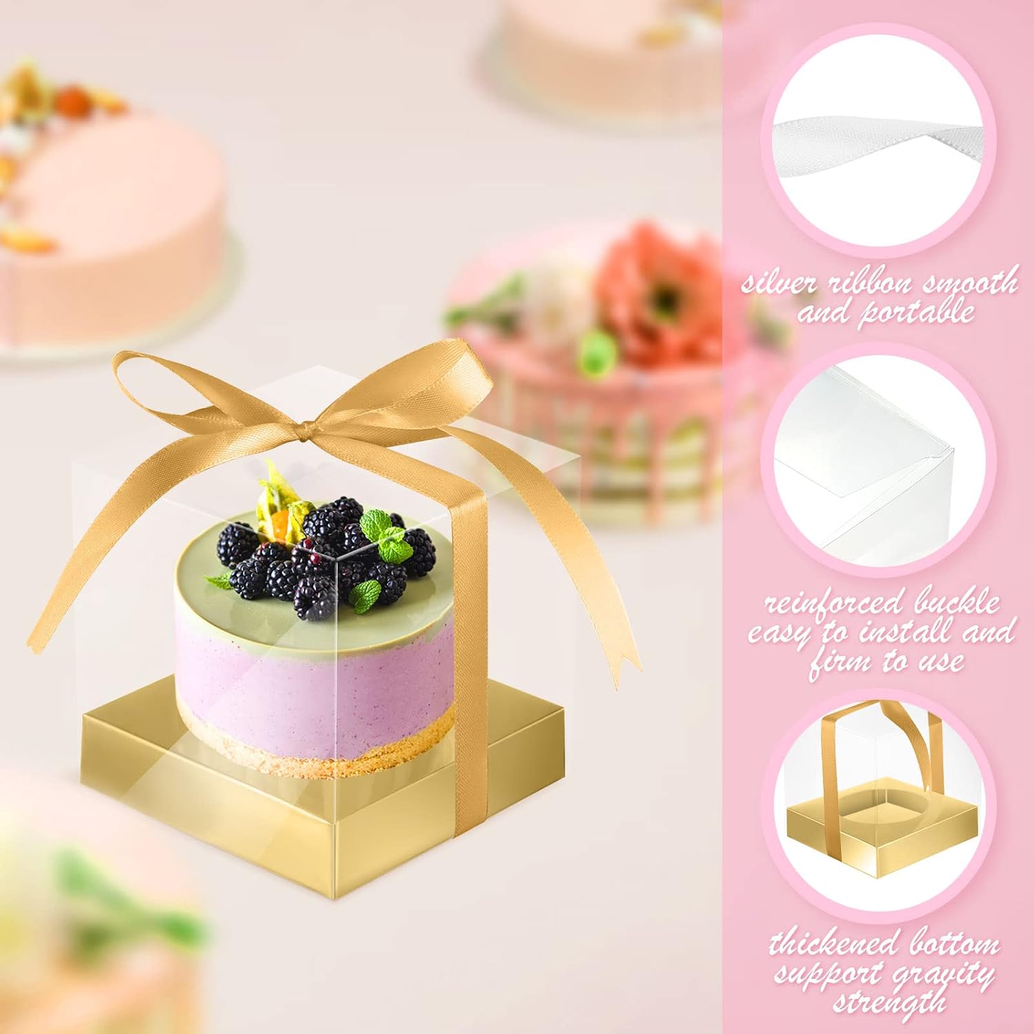 Gerrii 100 Pcs Clear Plastic Individual Cupcake Boxes 3.5" Single Cupcake Containers Transparent Ornament Gift Box with Inserts and Ribbon for Wedding Baby Shower Party Favor(Gold)