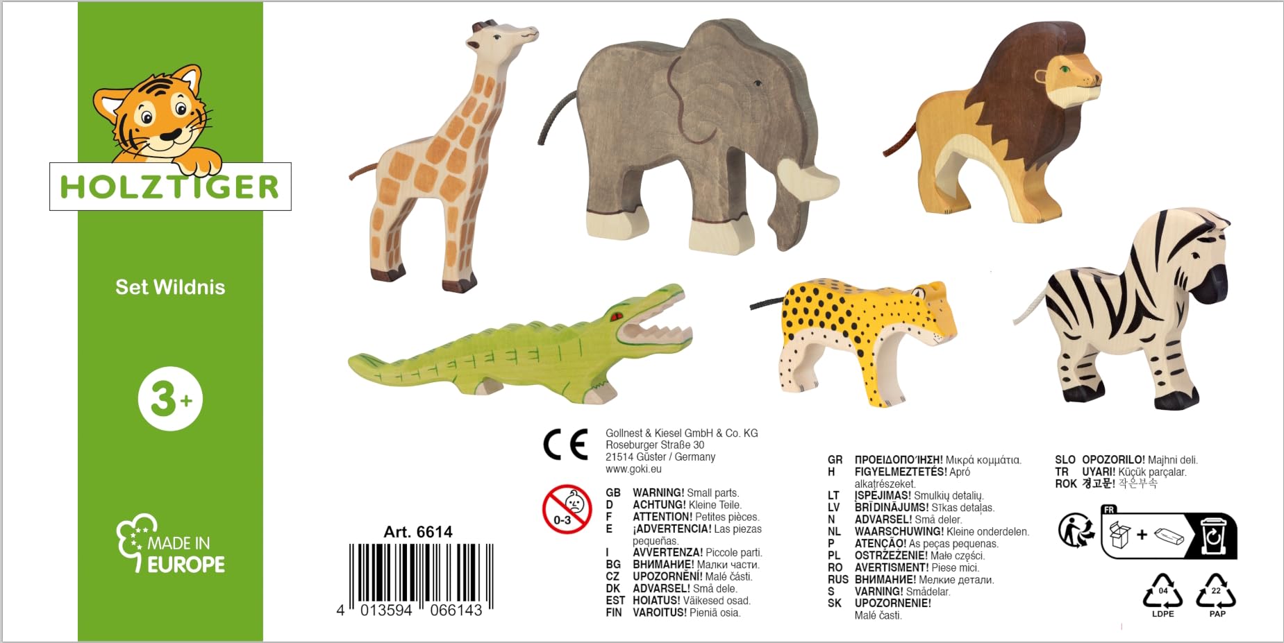 Holztiger 6614 Set Wildnis - 6 Spielfiguren aus Holz, Krokodil, Elefant, Giraffe, Leopard, Zebra und Löwe, handbemalte Spielzeugtiere für Kinder, Made in Europe