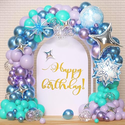 Miniatura 5 de LOOLEY Kit de guirnalda de arco de globos de Frozen, 119 unidades, guirnalda de globos congelados de copos de nieve azul morado turquesa para