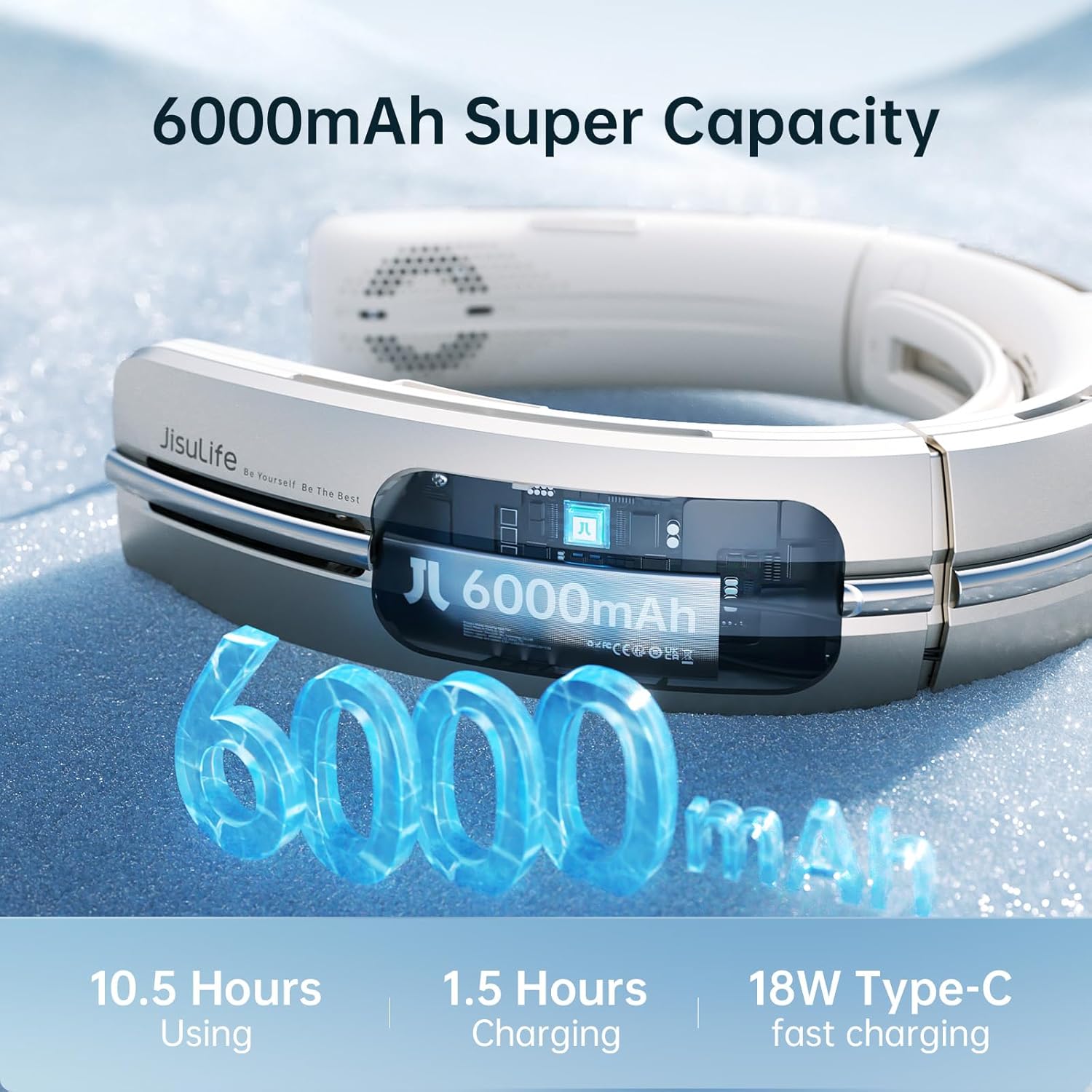 Diagram illustrating the 6000mAh battery capacity and charging times
