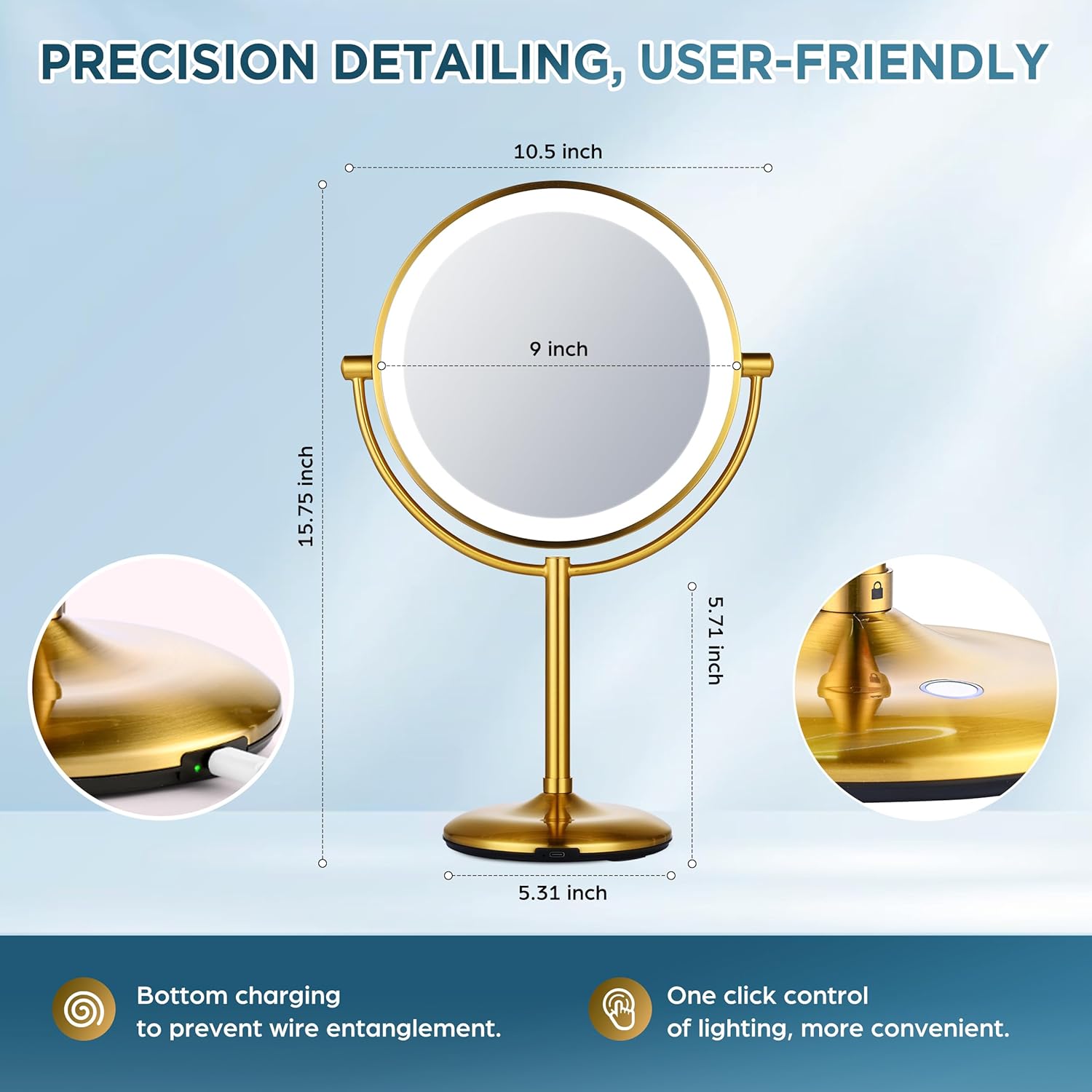 9" Rechargeable Gold Lighted Makeup Mirror with Magnification 20X/1X, Magnifying Mirror with Base Charging and Switch, Makeup Vanity Mirror with 3 Color Dimmable Lights for Dresser, Bathroom