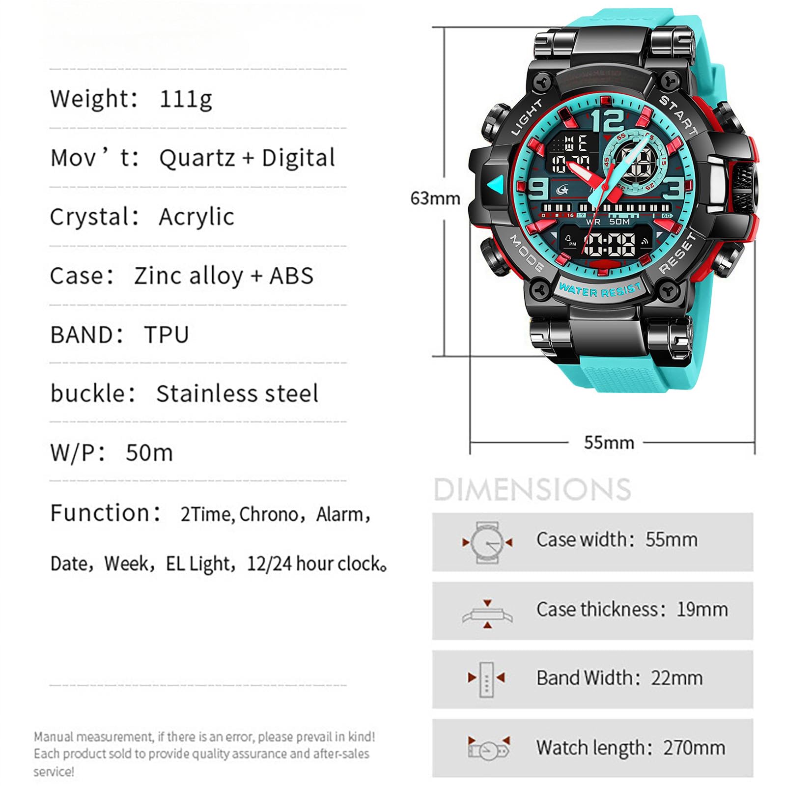 findtime Grande montre numérique de sport pour homme, étanche, robuste, pour homme, garçon, adolescent, montre de sport LED, alarme, double fuseau horaire