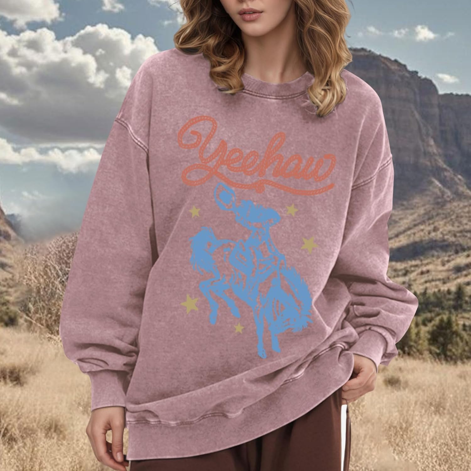 Western Sweatshirts for Women Vintage Cowgirl Sweatshirt Acid Wash Cowboys Crewneck Horse Graphic Country Pullover - Image 6