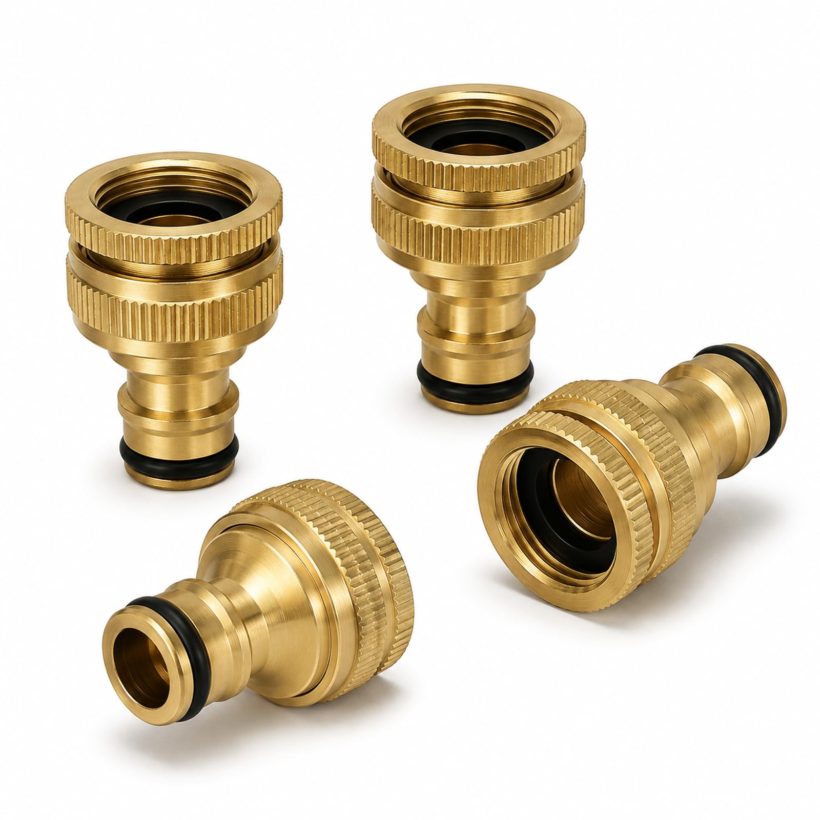 4Pcs Brass Hose Connector, Brass Hose Fittings, Set with Chrome Plated Finish for 1/2" and 3/4" Faucets, for Home and Garden Use