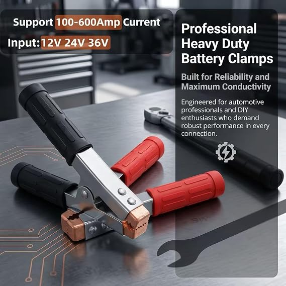 4-Pack Large Size Insulated Alligator Clips Electrical, 600A Spring Loaded Battery Charger Clamps for Car/Truck Battery & Industrial Electric Testing (Black and Red)