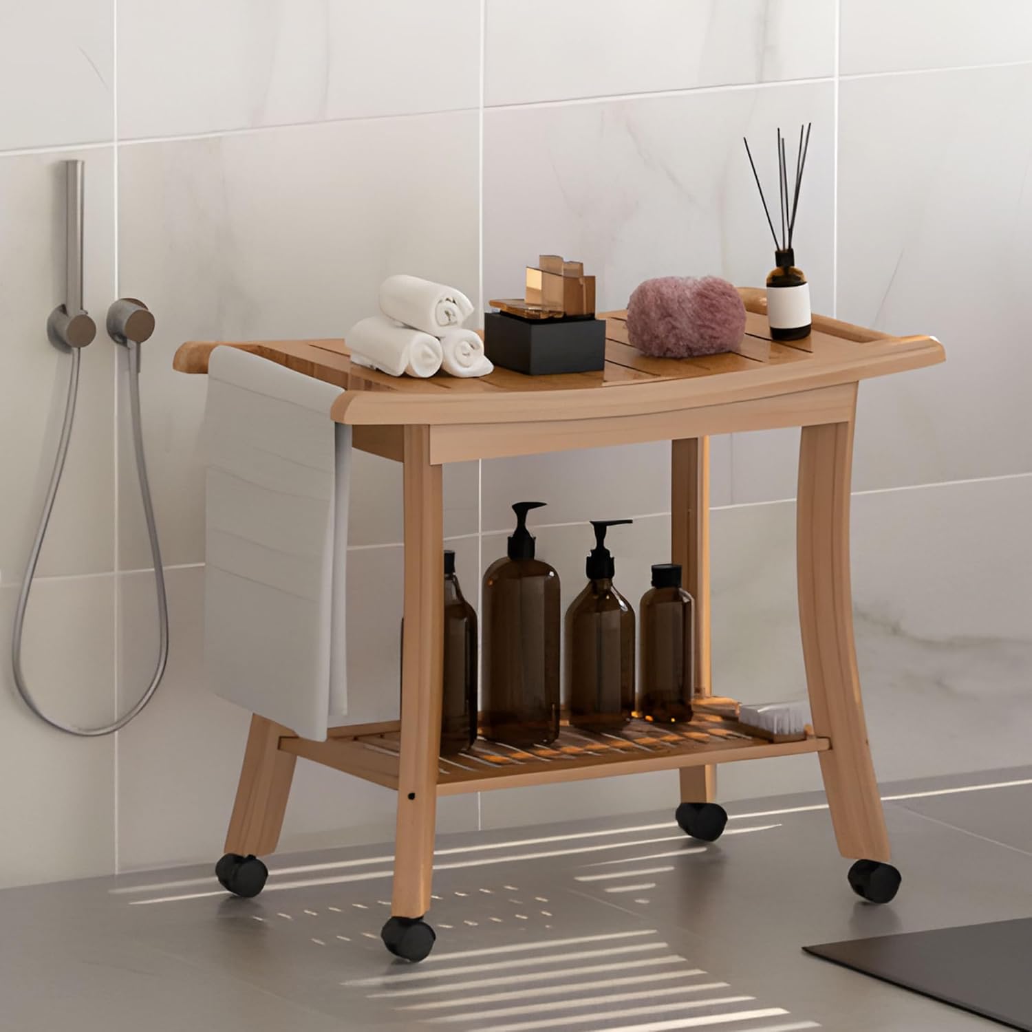 SHANGYIREN Shower Caddy Chair Car, Bamboo Shower Bench