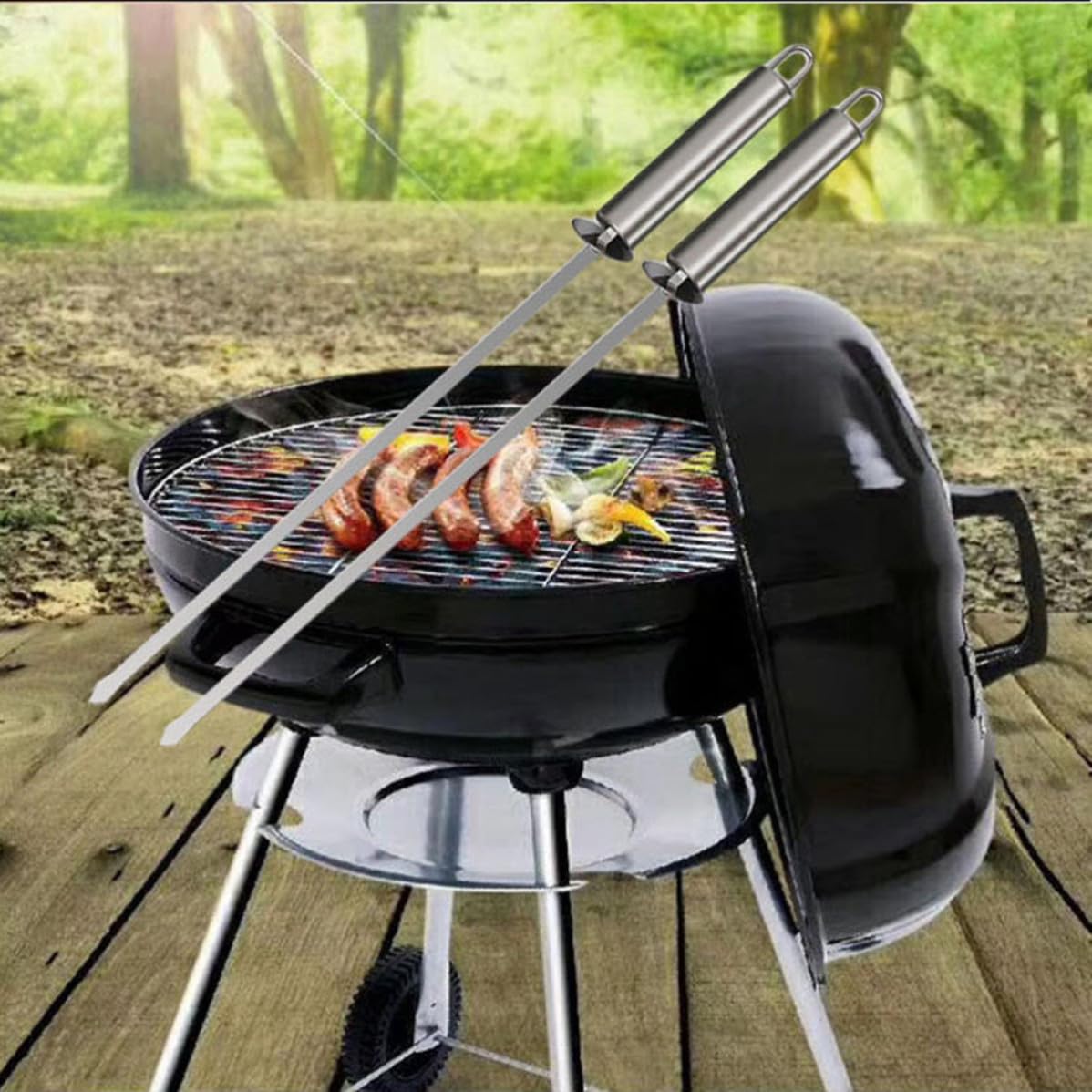 Brochetas de Acero Inoxidable 10 Piezas con Mango Térmico Ergonómico | Carne y Marisco, Uso en Barbacoa, Picnic y Senderismo, Acabado Plata, Herramientas de Barbacoa Reutilizables