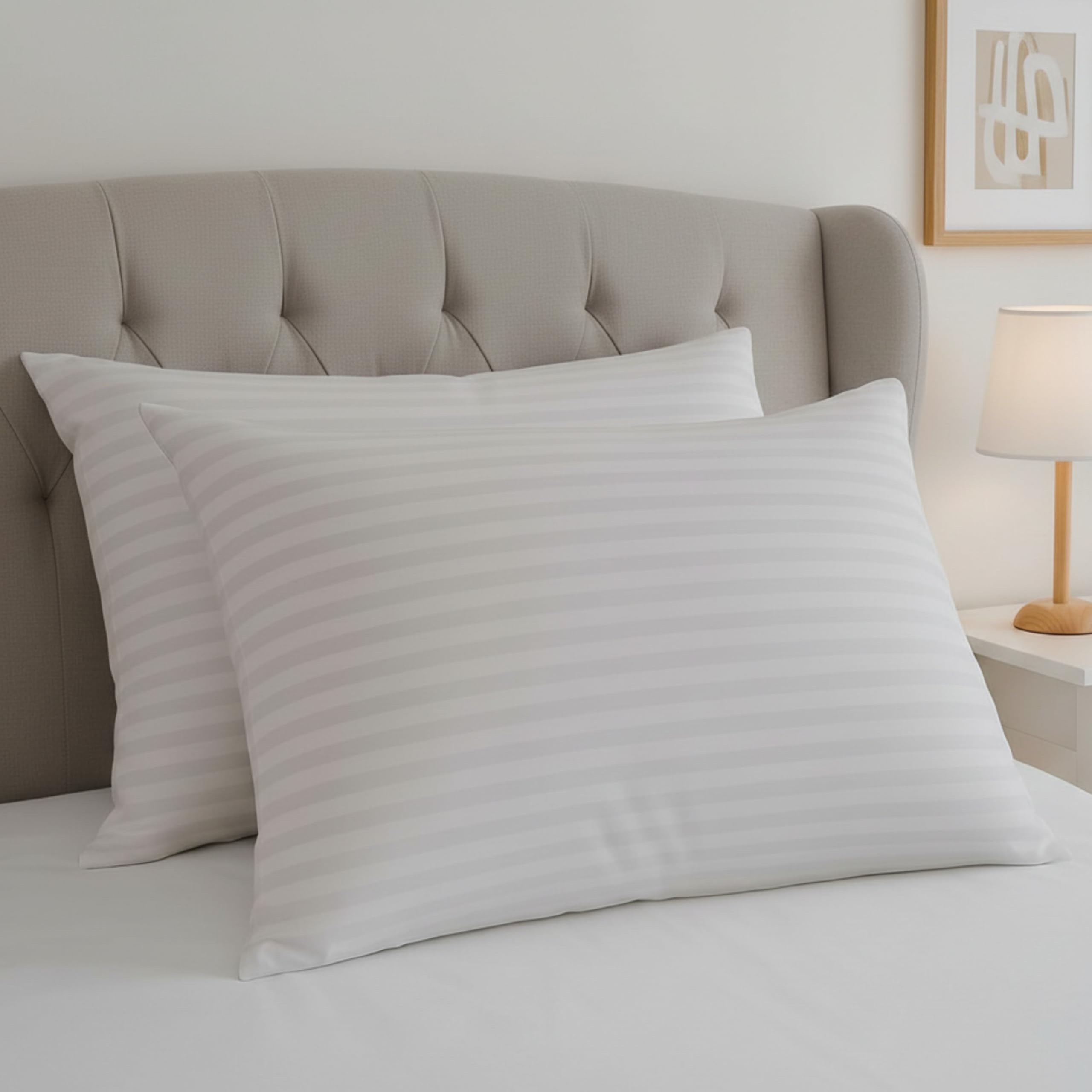ELOVELA Premium Stripe Hotel Pillows 2 Pack – Soft, Supportive White Firm Pillows for Side, Back & Stomach Sleepers - Durable & Machine Washable