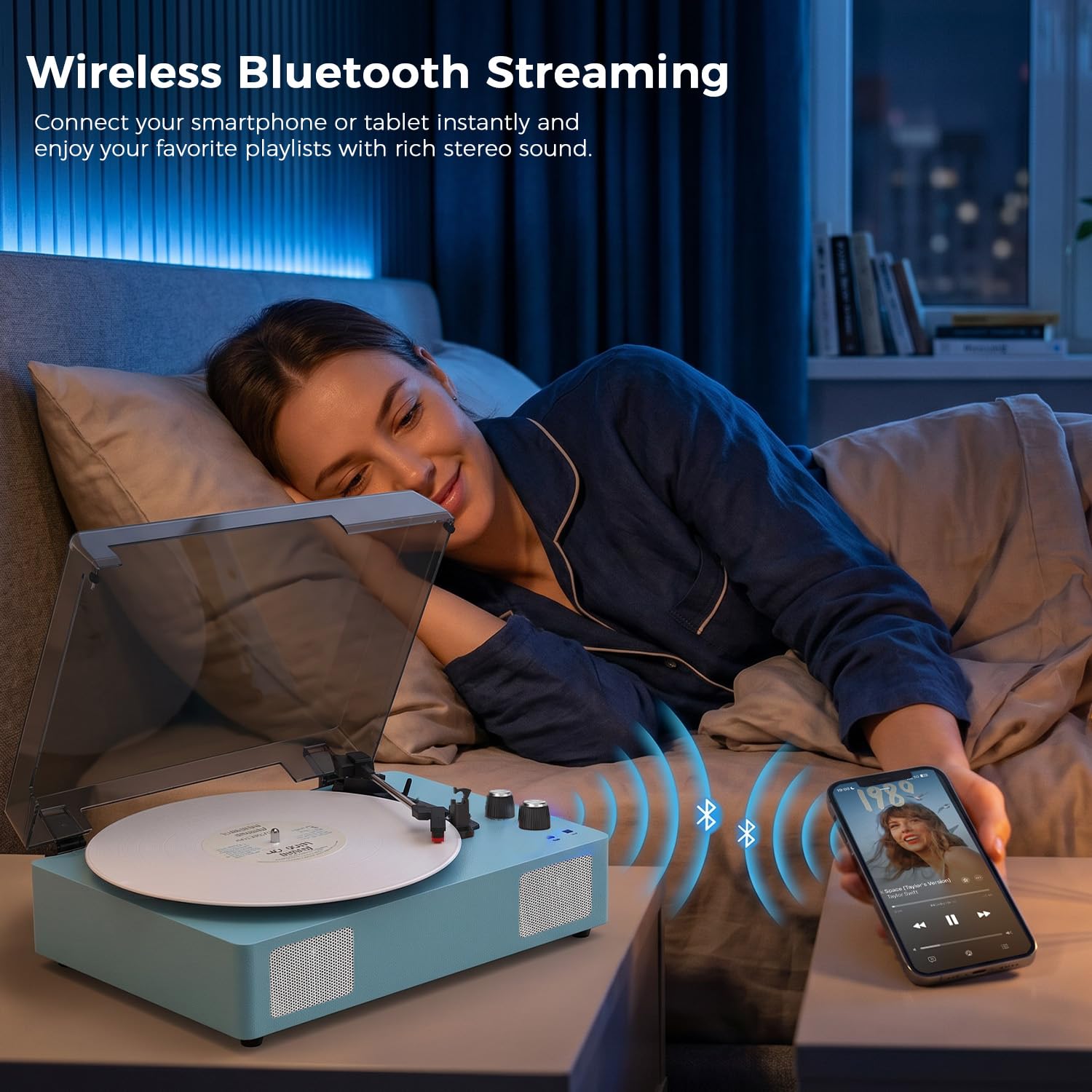 Giradischi in vinile blu con altoparlanti stereo integrati, giradischi a cinghia a 3 velocità per dischi da 7/10/12", riproduzione Bluetooth, uscita RCA/AUX/cuffie, arresto automatico