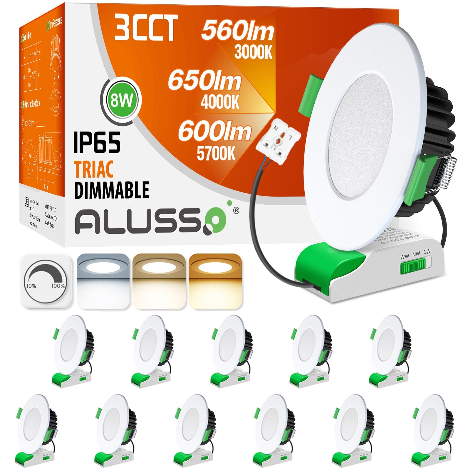 ALUSSO 3CCT LED Downlights Ceiling Dimmable 8W IP65 Cutout 70-80MM 12 Pack