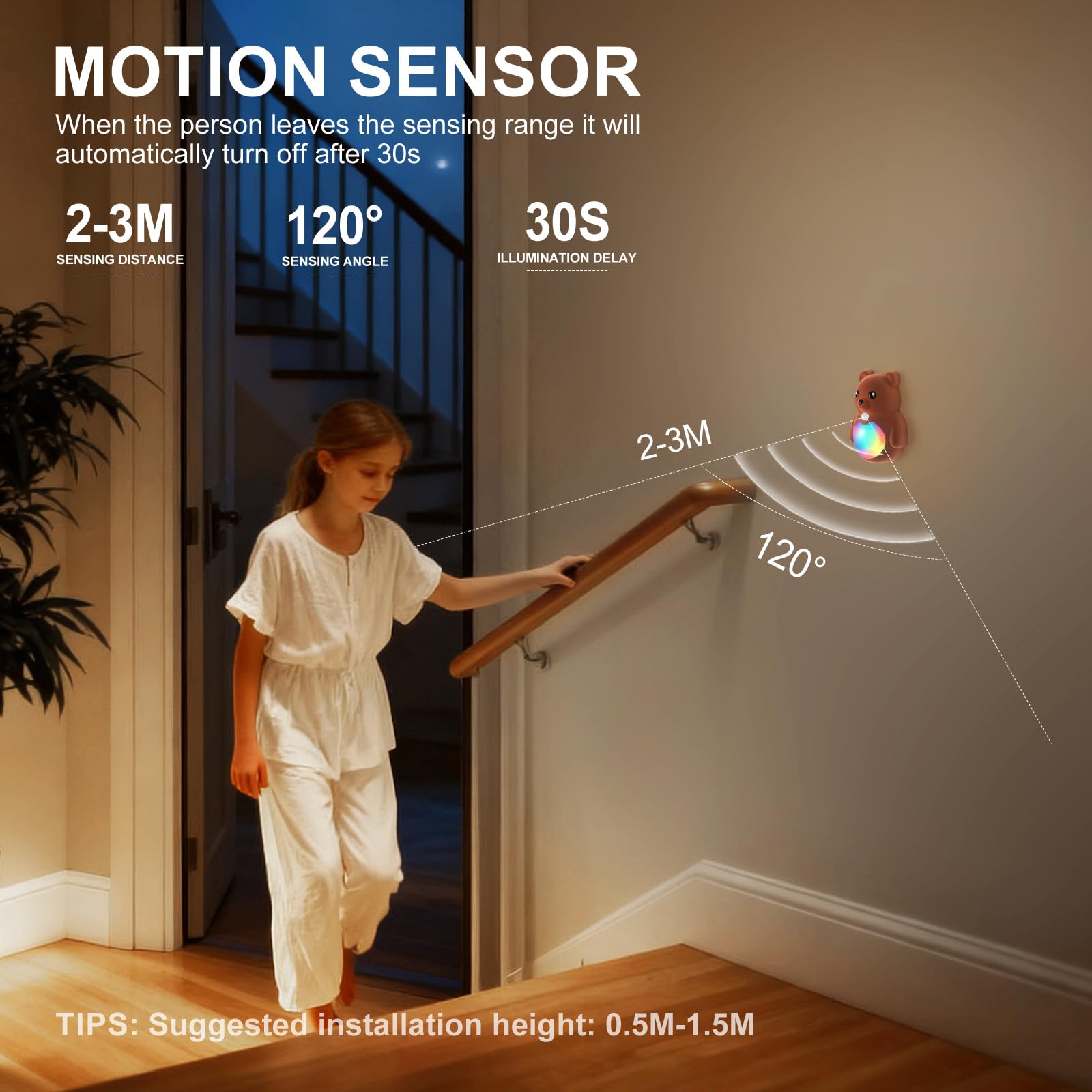 OOWOKS Bär Nachtlicht mit Bewegungssensor LED Kinderzimmer Wandlampe Dimmbar 3000K Warmweiß & RGB Regenbogen Kabellose Wandleuchte 800mAh Batterie Kinder Schlafzimmerlampe für Treppe Flur,D