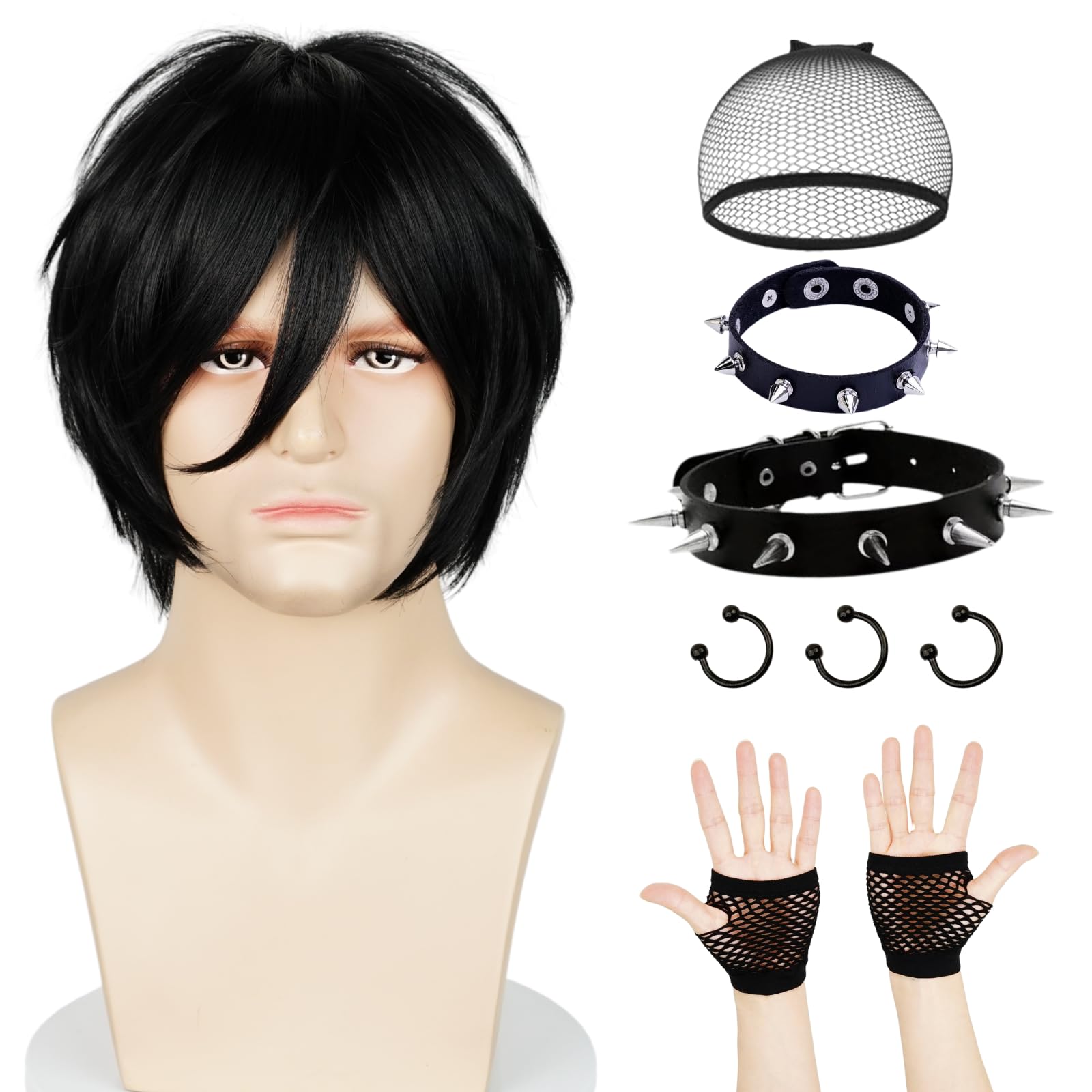 Wiggy Mermaid Emo Wig Costume Set for Men Black Scene Wigs and Emo Accessories Chocker Bracelets Gloves Nose Rings + Cap for 2000s Themed Party