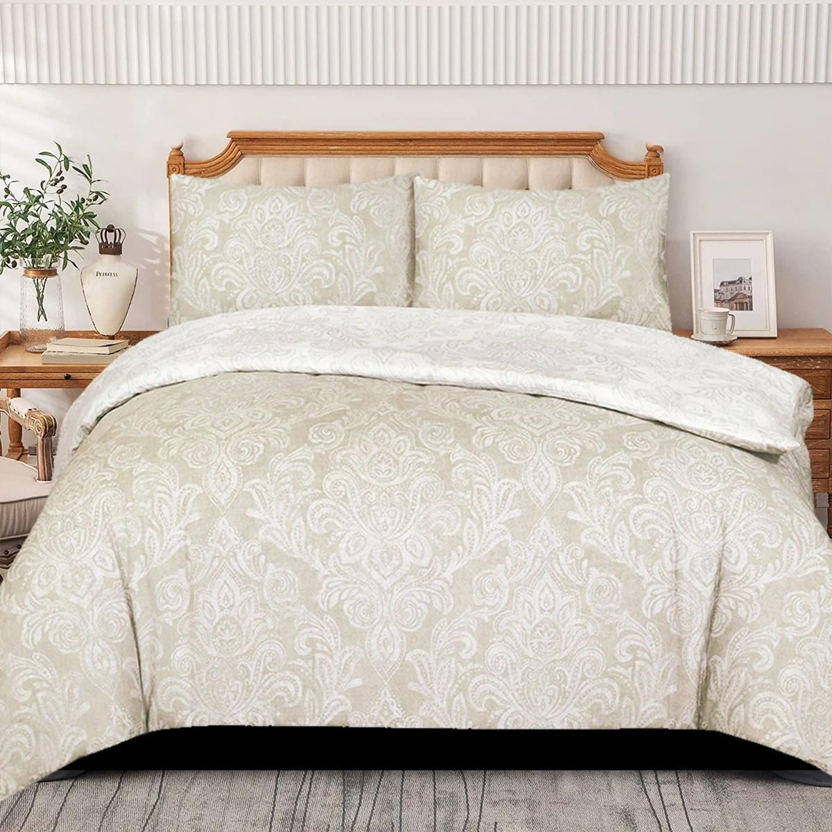 PHP Rich Cotton Duvet Cover Set - Soft Thick Solid Damask Pattern Printed Duvets Quits Covers 3Pcs Comforter Bed Cover Bedding Set with 2 Pillow Shams (King, Damask Beige)