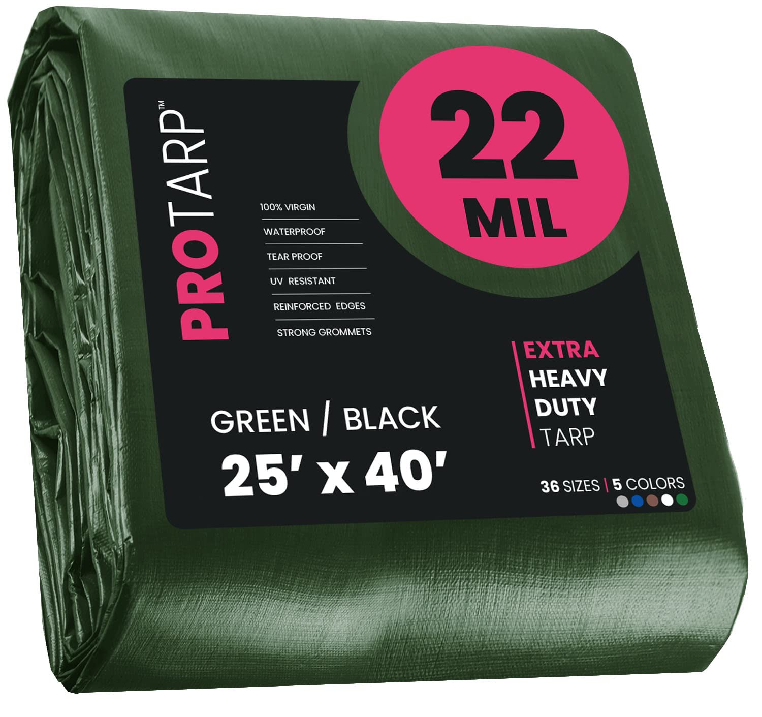 Extreme Heavy Duty 22 Mil Tarp Cover, Waterproof, UV Resistant, Rip and Tear Proof, Poly Tarpaulin with Reinforced Edges for Roof, Camping, Patio, Pool, Boat. (Green/Black 25′ X 40′)