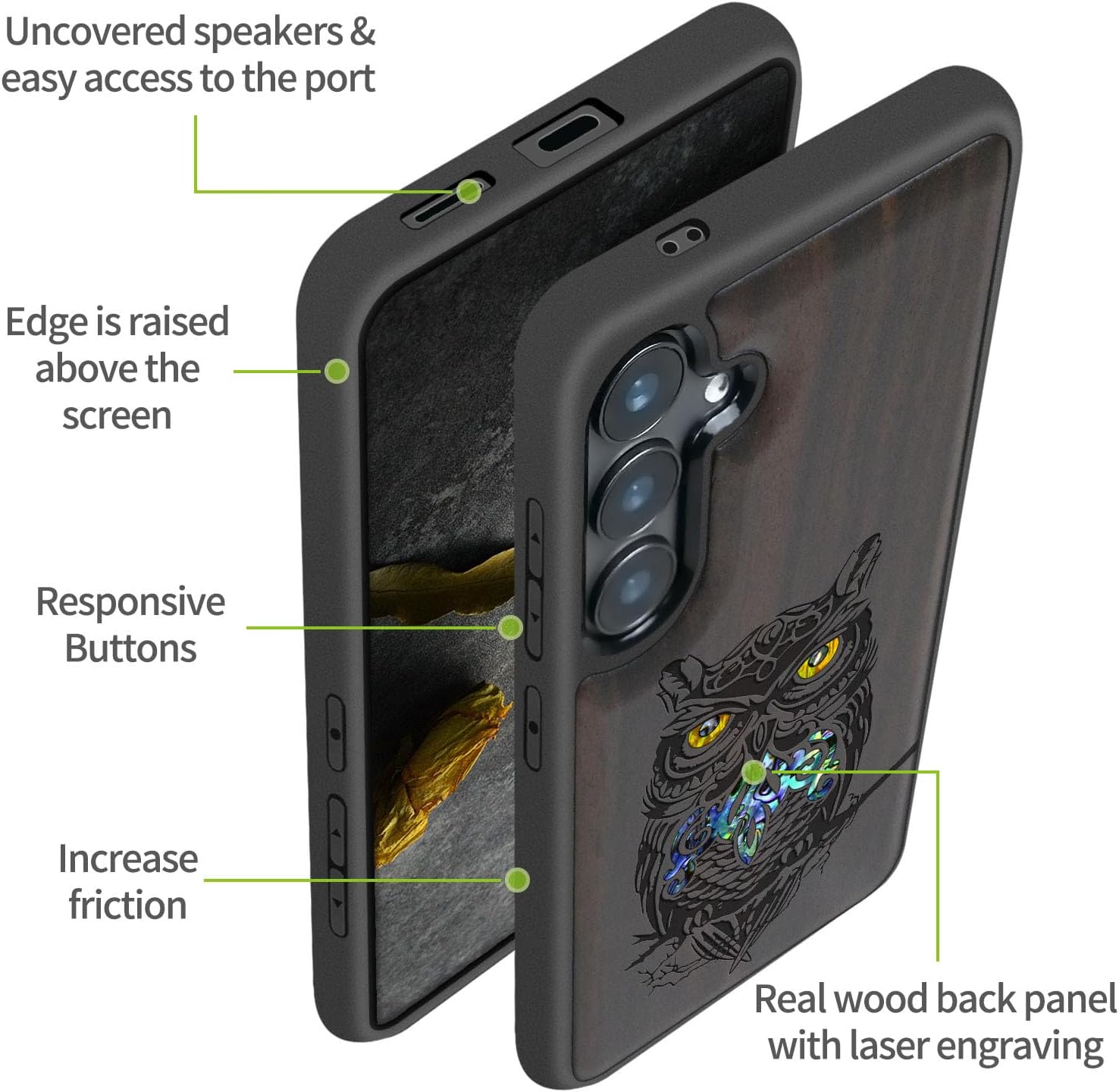 Carveit Magnetic Wooden Case for Galaxy S25+ / S25 Plus Case, Wood Artisan Engraved & Handmade Shell Inlaid, Compatible with MagSafe Wireless Chargers (an Owl Perched on a Branch) Blackwood
