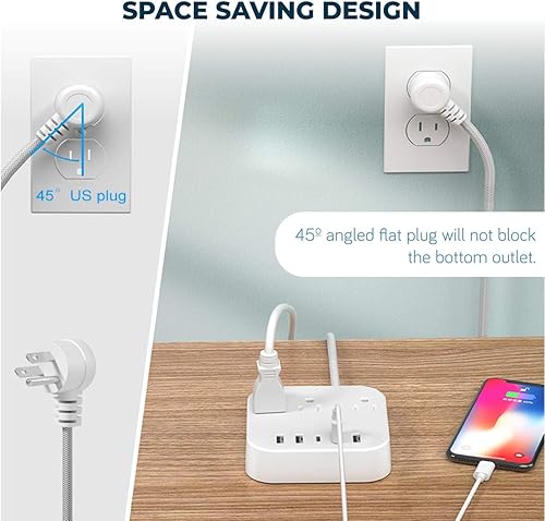 Miniatura 9 de Regleta de alimentación con USB C, 5 puertos USB (25 W5 A), obturador seguro, estación de carga rápida de escritorio, cable de extensión trenzado de