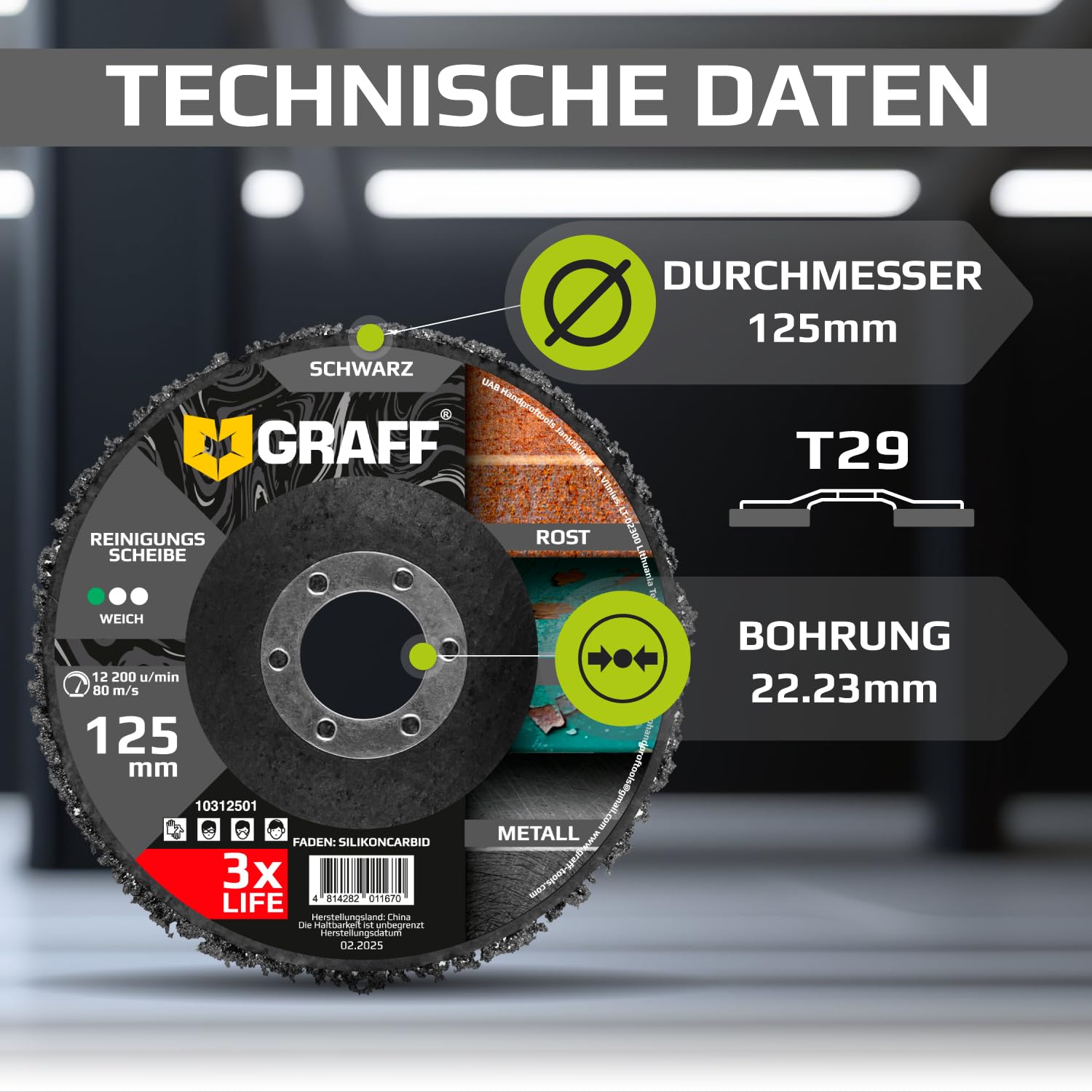 CSD Scheibe 125mm für Winkelschleifer – Reinigungsscheiben 125 mm Fein für Metall, Edelstahl, Stahl, Farbe – Schwarz Grobschleifscheiben, Gewebescheibe und Rostenferner für Flex 5 Stück GRAFF