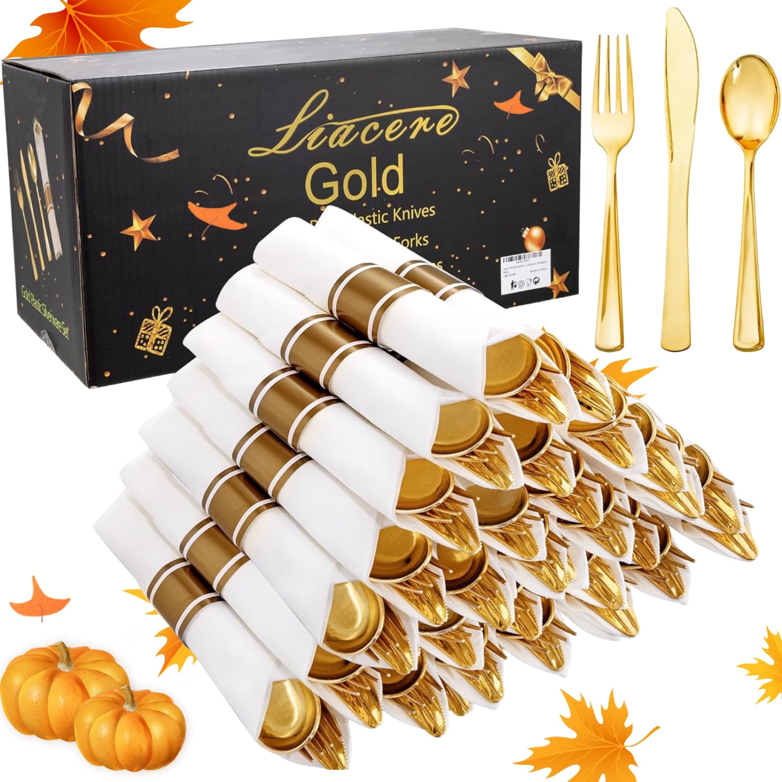 Liacere 90 pack Pre Rolled Gold Silverware and Napkin-Disposable Gold Plastic Utensils-Wrapped Plastic Cutlery Set with Napkin:100 Forks,100 Knives,100 Spoons,100 Napkins for Wedding&Thanksgiving