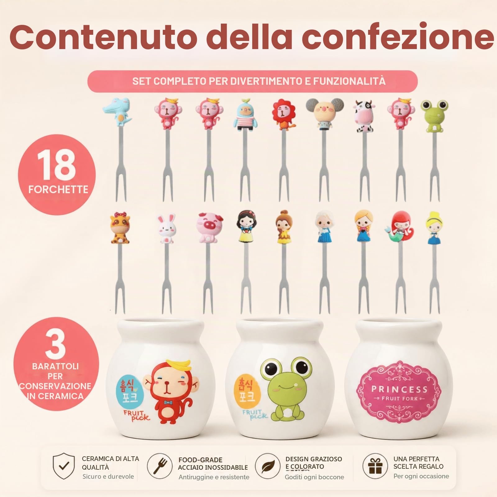 Mini Cartoon Forchette da Frutta in Acciaio Inossidabile, Stuzzicadenti Riutilizzabili con Manici in Silicone e Barattoli di Stoccaggio in Ceramica, Accessori da Tavola per Frutta e Dessert, 20 Pezzi