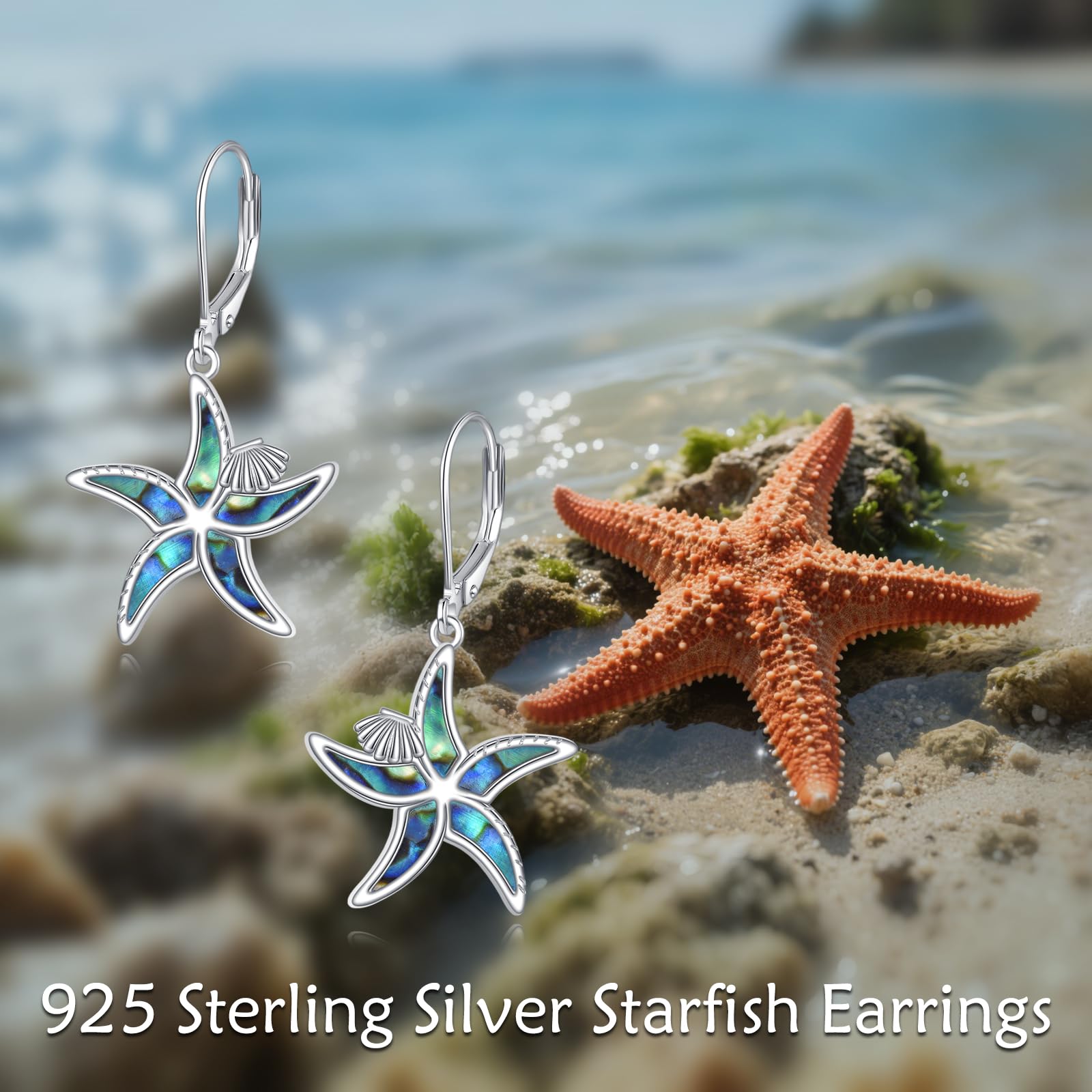 YAFEINI Pendientes de estrella de mar, plata de ley 925, concha de abulón, estrella de mar, joyería del océano, regalos para mujeres