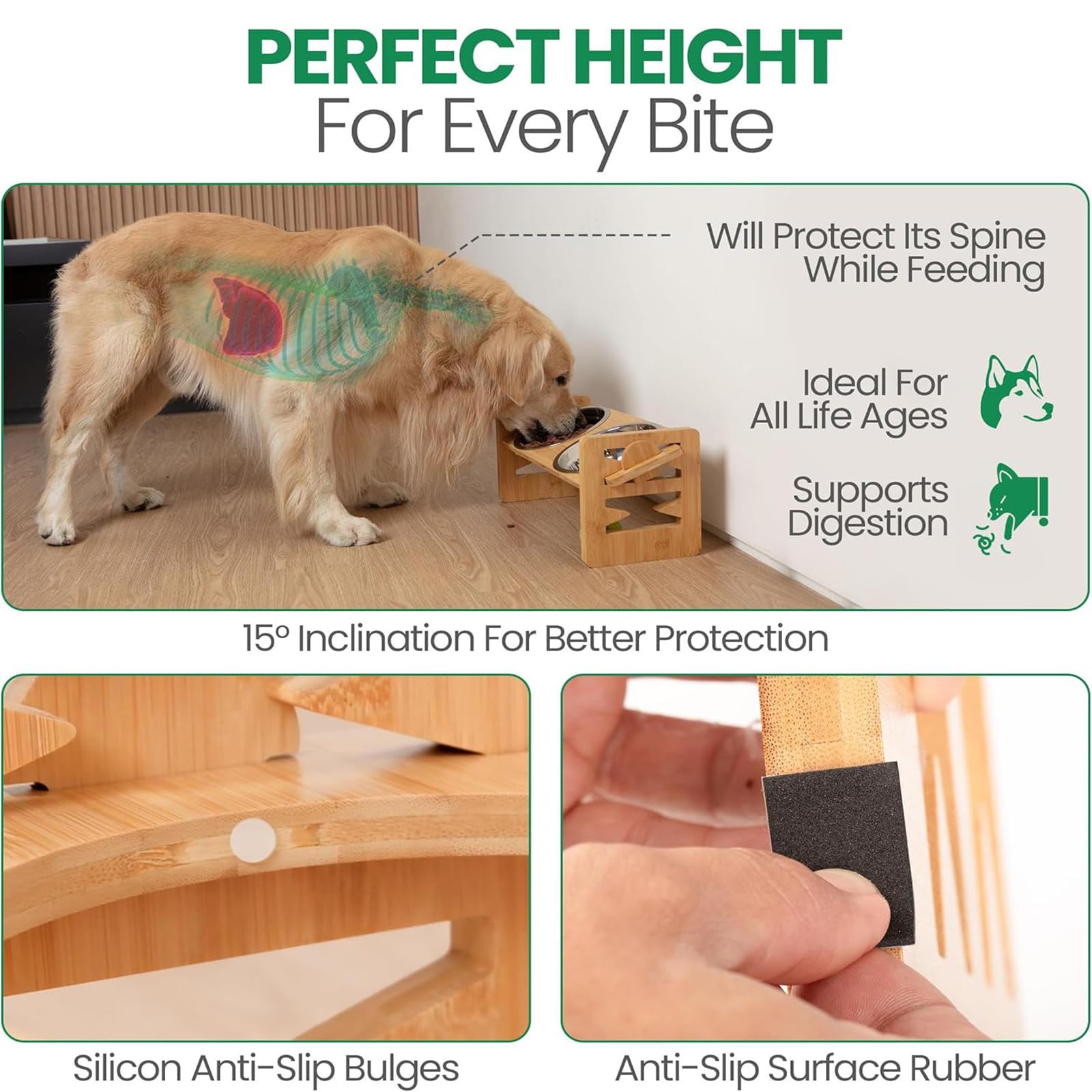 Gamelles surélevées pour chien, gamelles surélevées en bambou avec 2 gamelles pour chien en acier inoxydable, mangeoire surélevée et inclinée pour animaux de compagnie, réglable à 6 hauteurs