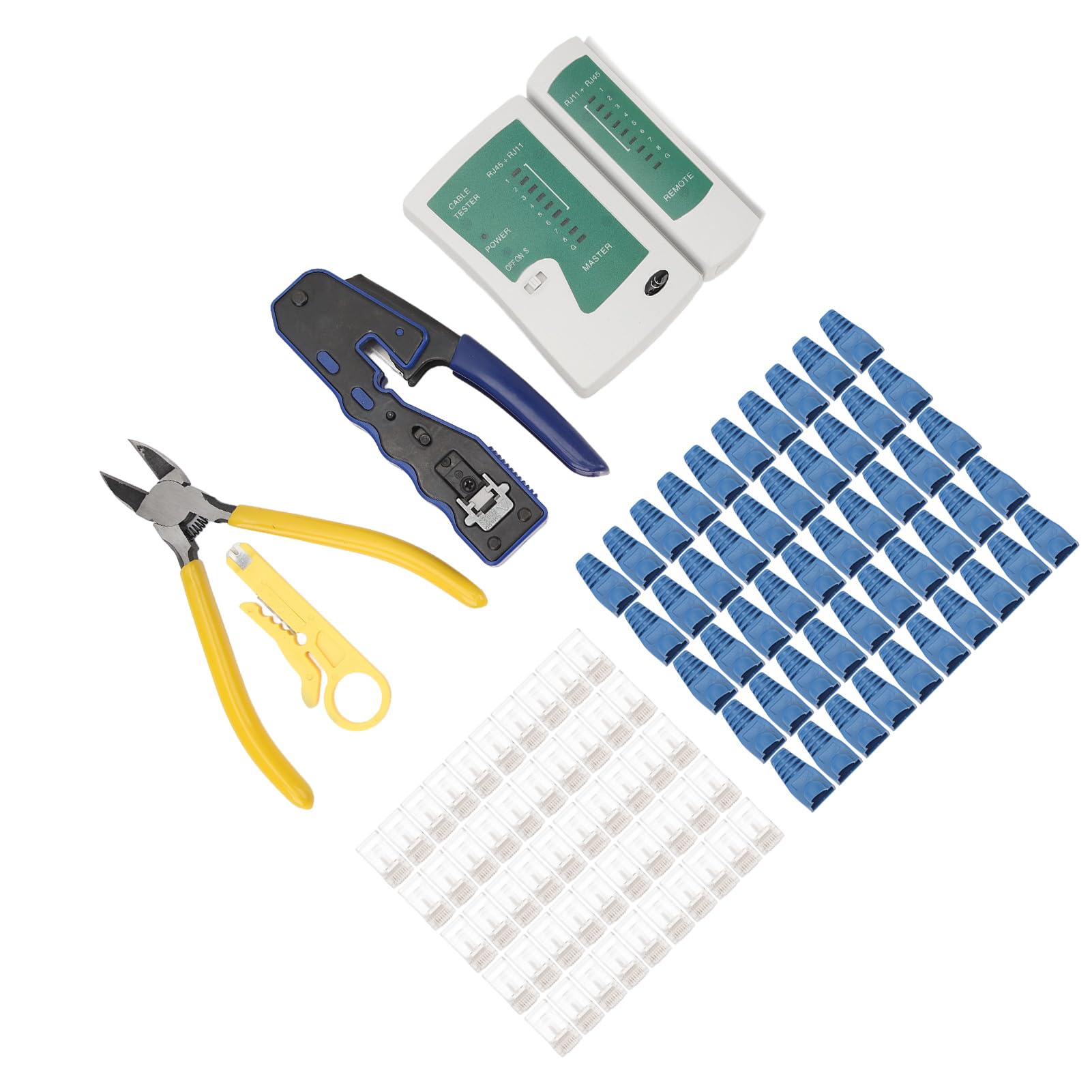 KIMISS Kit d'outils de Sertissage RJ45-pince à Sertir avec Testeur de Câble Réseau, Dénudeur de Fil et 50 Connecteurs Cat6