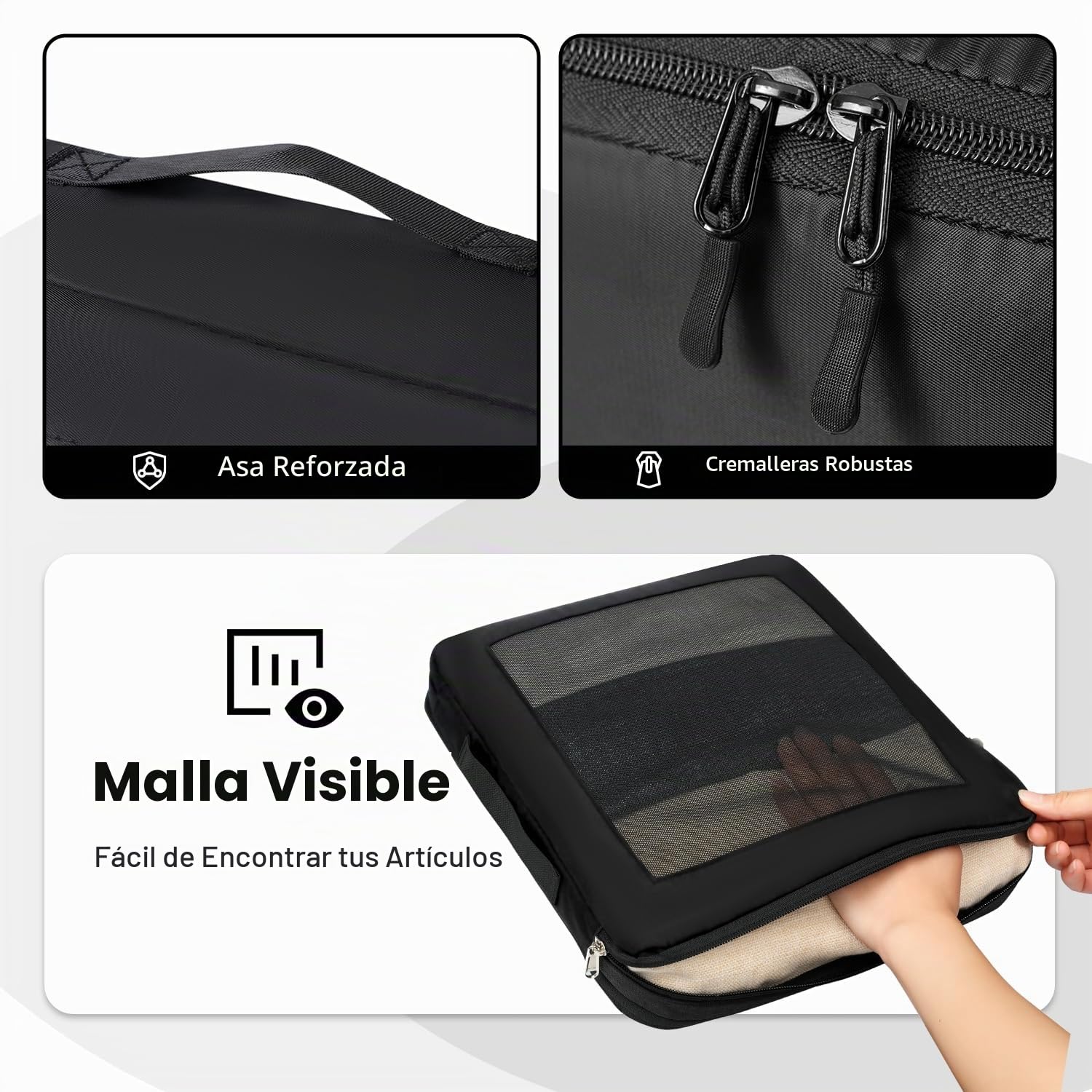 Cubos de embalaje para maletas, juego de 10, organizadores de equipaje ligeros, cubos de embalaje para accesorios de viaje - Negro
